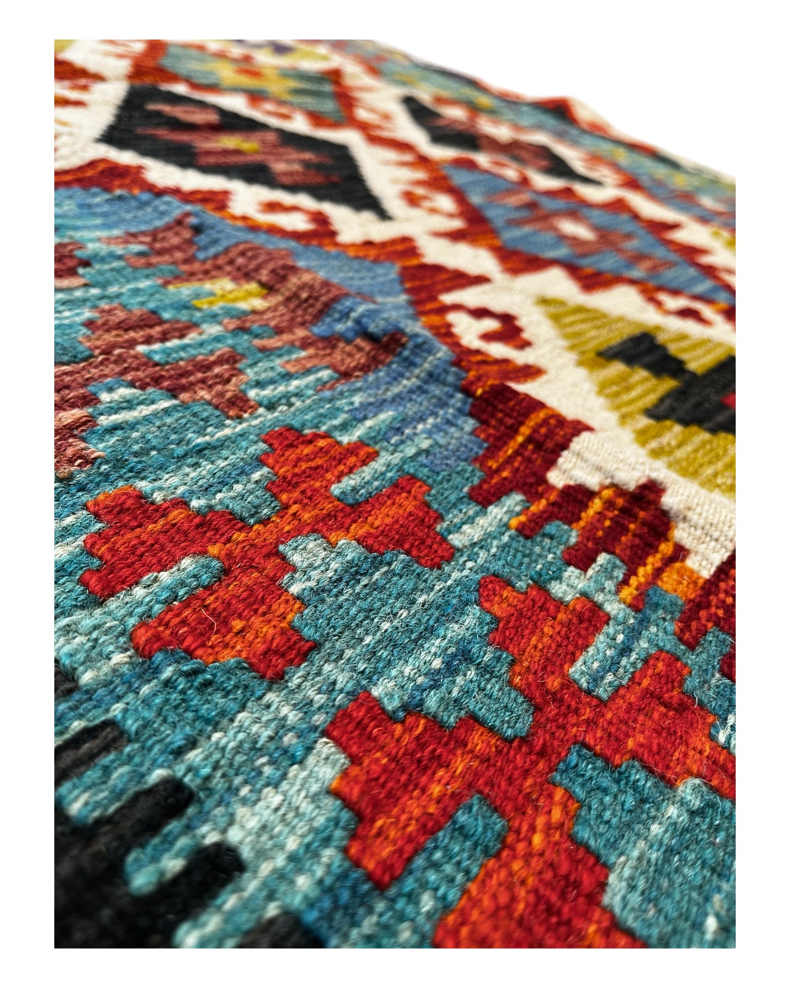 200cm x 100cm Teal, Red & Cream Maymana Kilim Runner
