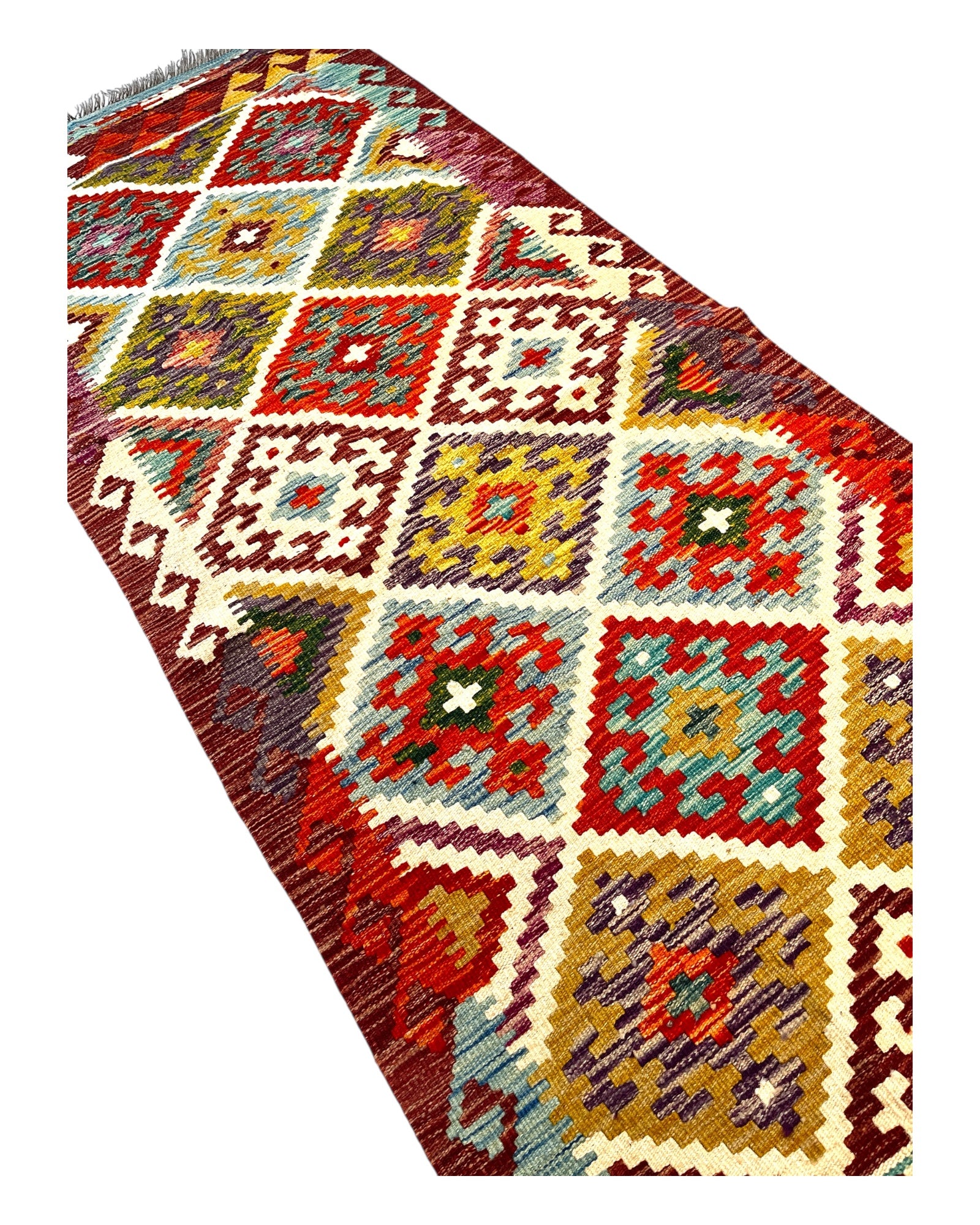 194cm x 80cm Orange & Burgundy Maymana Kilim Runner