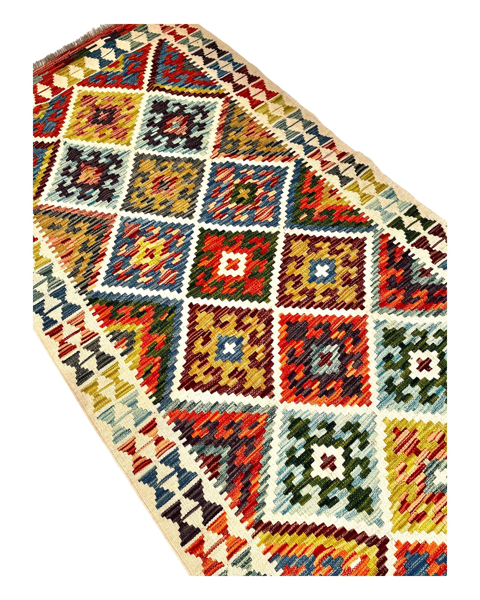 207cm x 100cm Cream & Green Maymana Kilim Runner