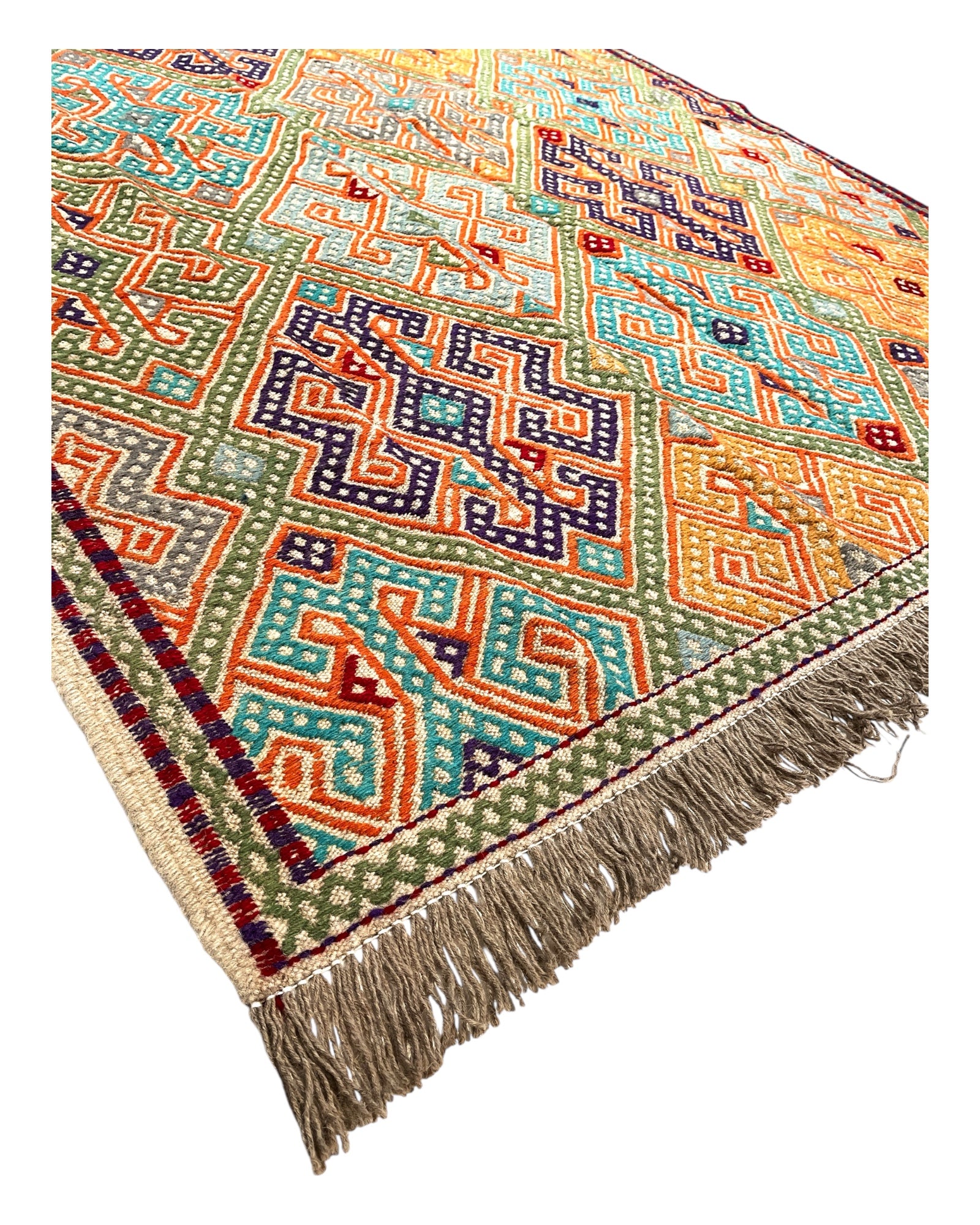 203cm x 165cm Coral & Green Turkoman Kilim