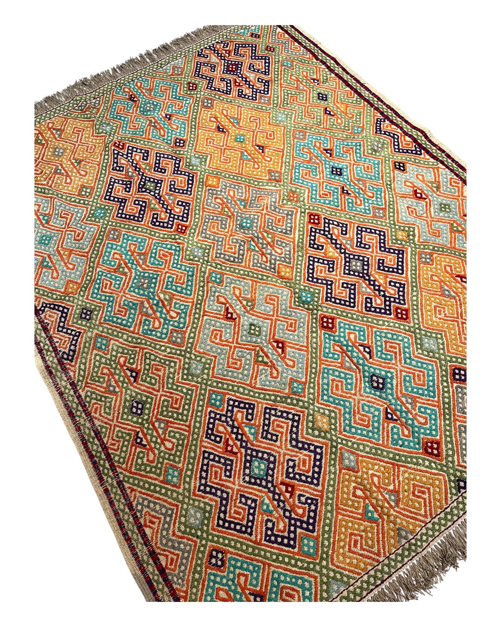 203cm x 165cm Coral & Green Turkoman Kilim