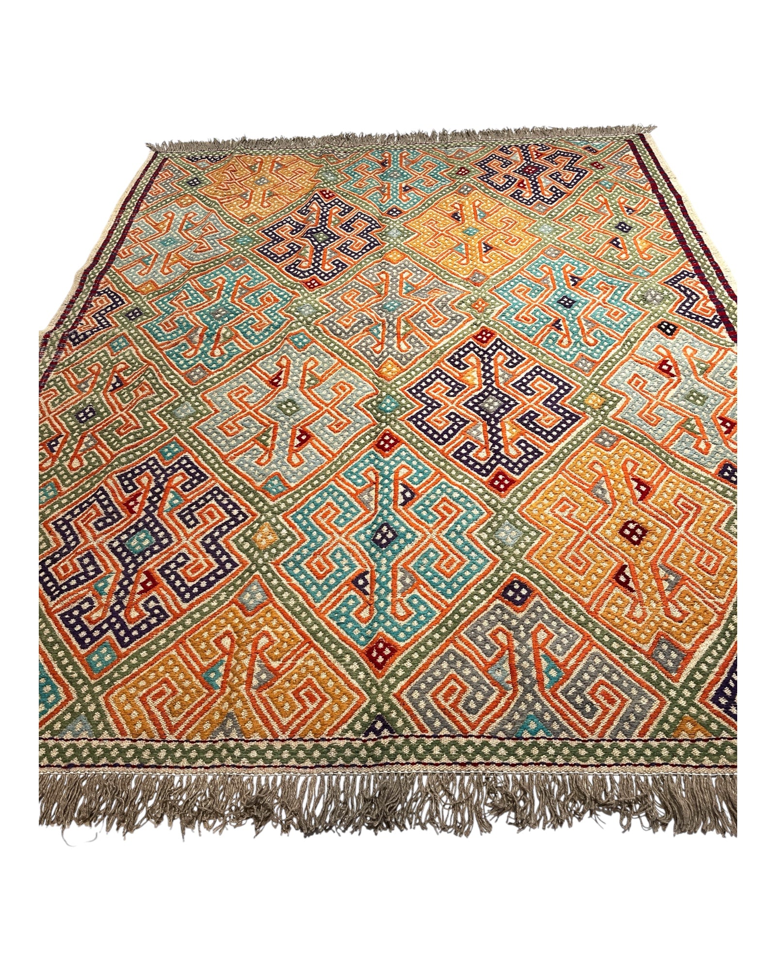 203cm x 165cm Coral & Green Turkoman Kilim