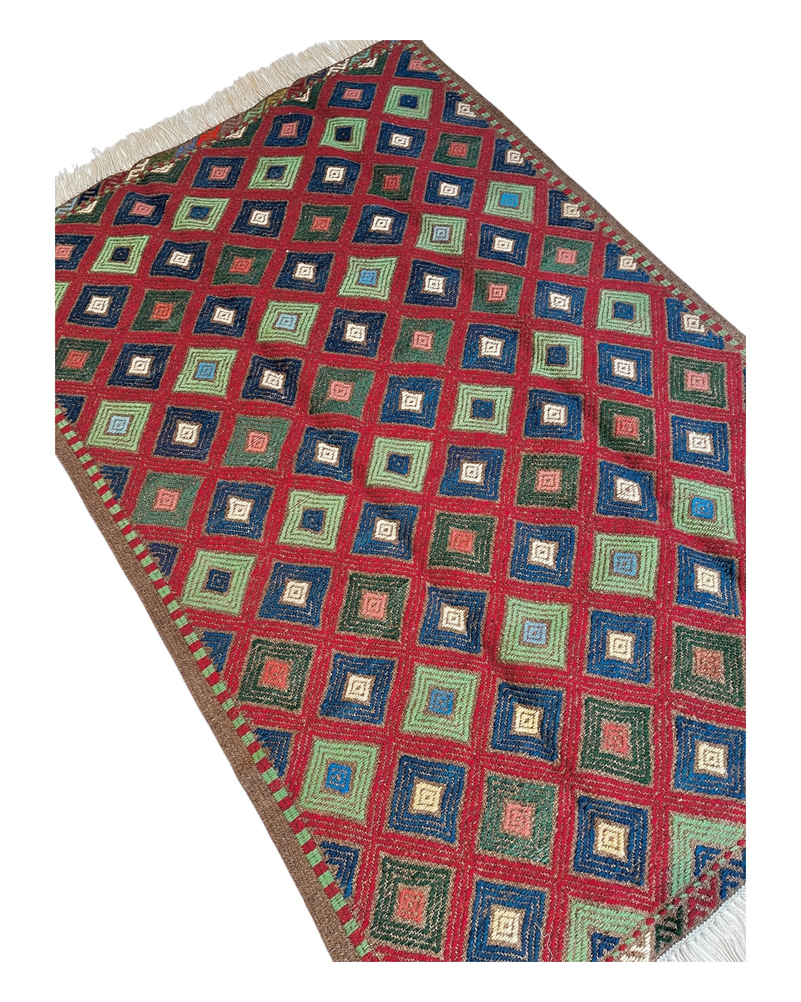 147cm x 100cm Green & Burgundy Turkoman Kilim