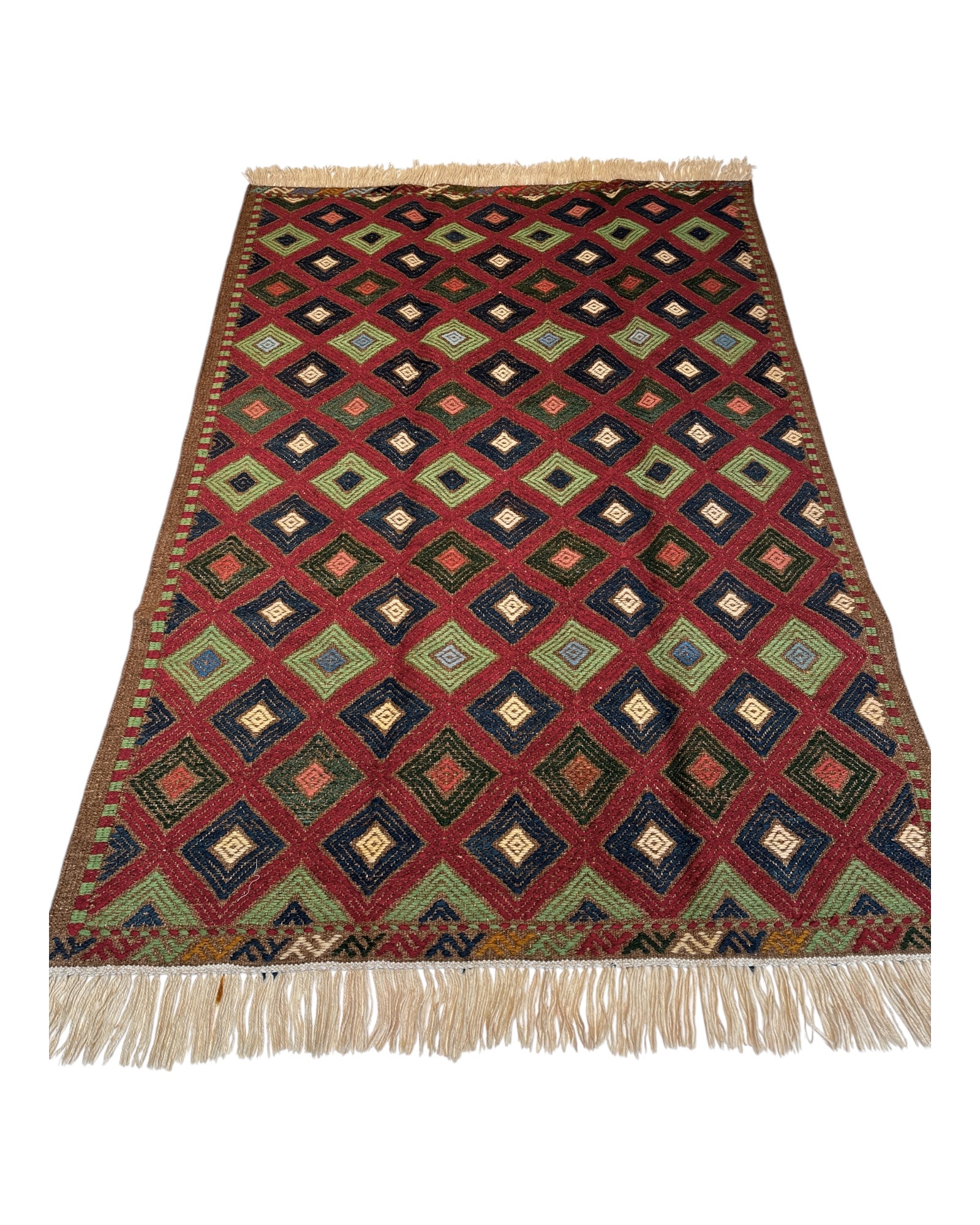 147cm x 100cm Green & Burgundy Turkoman Kilim