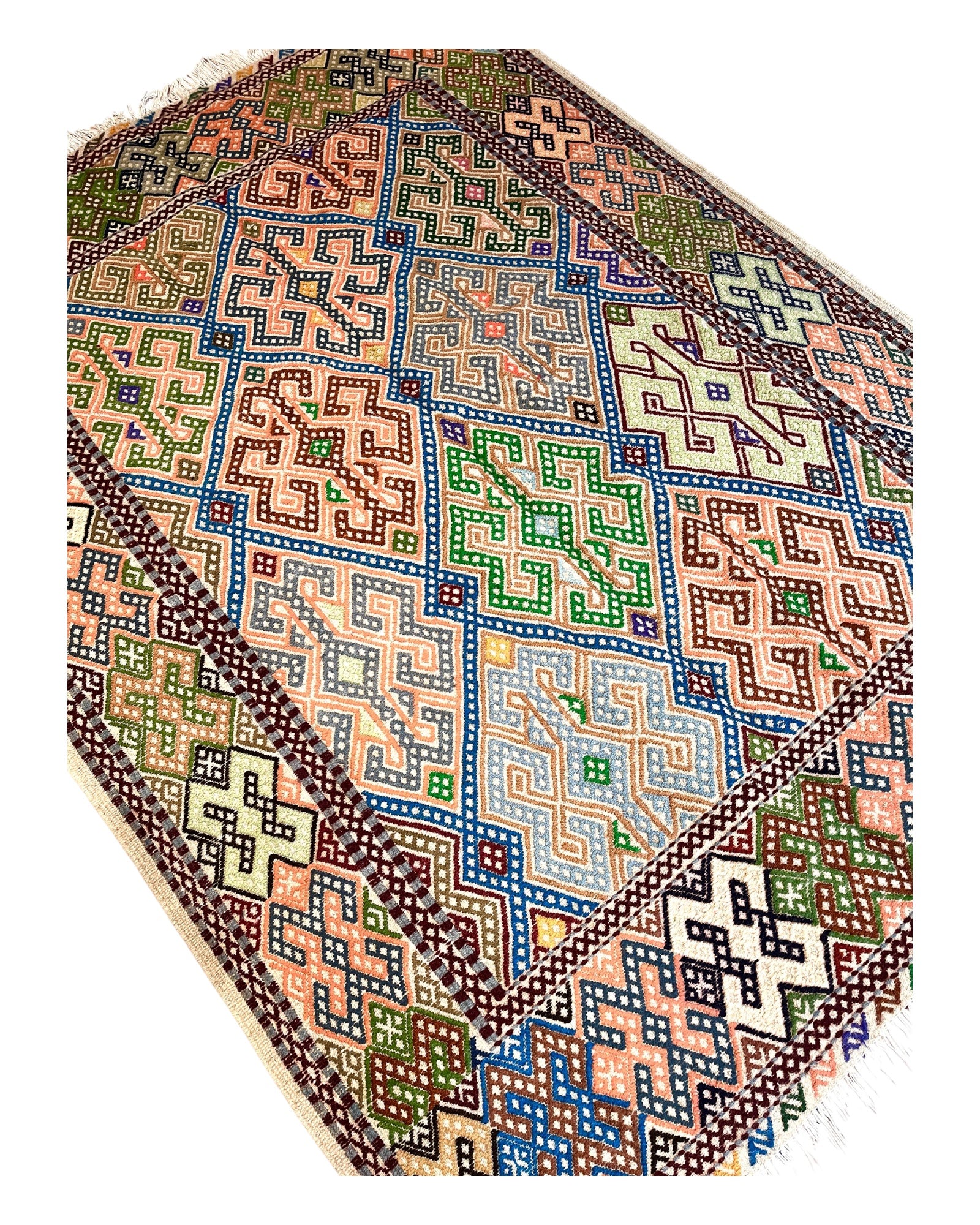 200cm x 150cm Green & Coral Turkoman Kilim