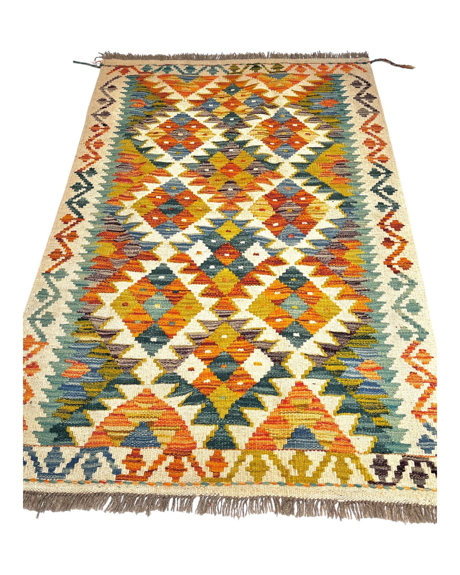 120cm x 81cm Cream & Turquoise Maymana Kilim