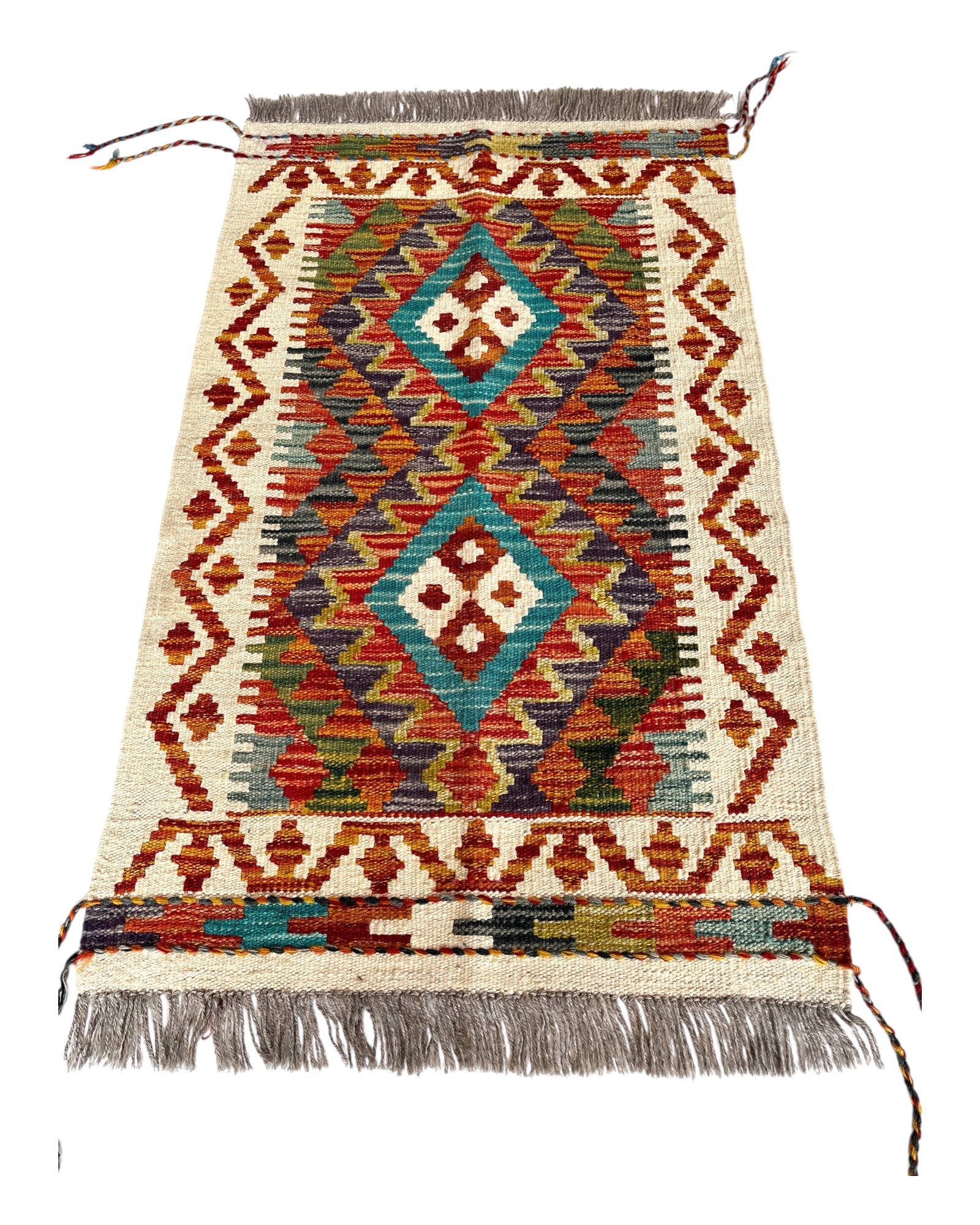 94cm x 58cm Turquoise & Orange Maymana Kilim Doormat