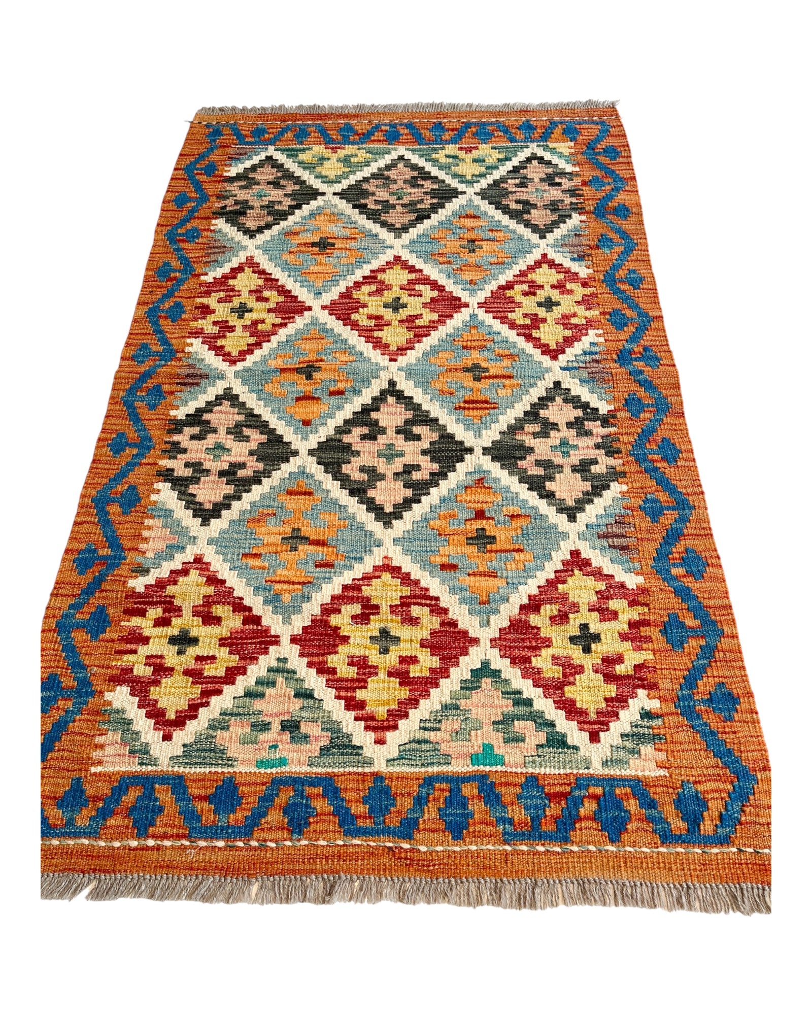 127cm x 80cm Orange & Turquoise Maymana Kilim