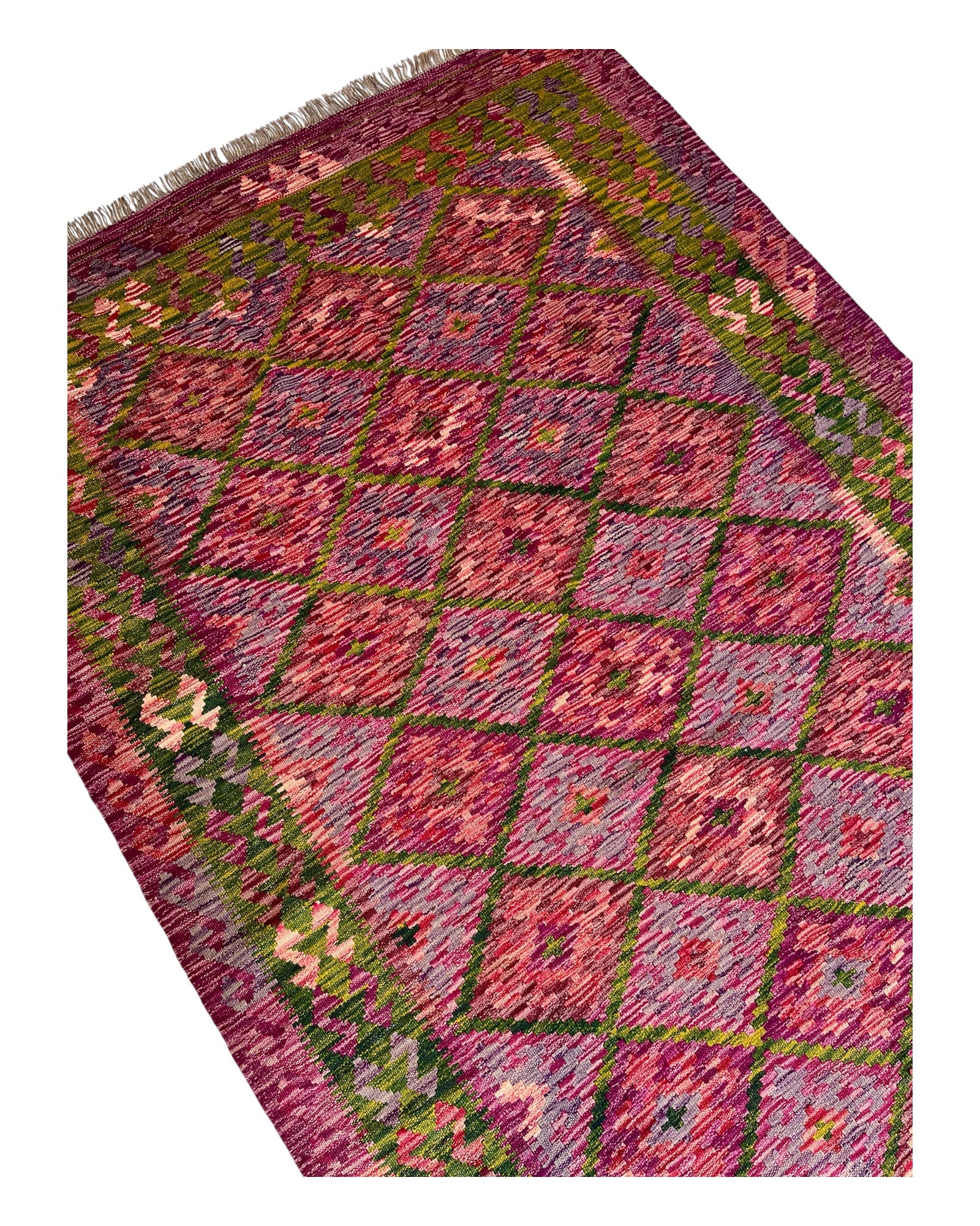 240cm x 158cm Rose & Green Maymana Kilim
