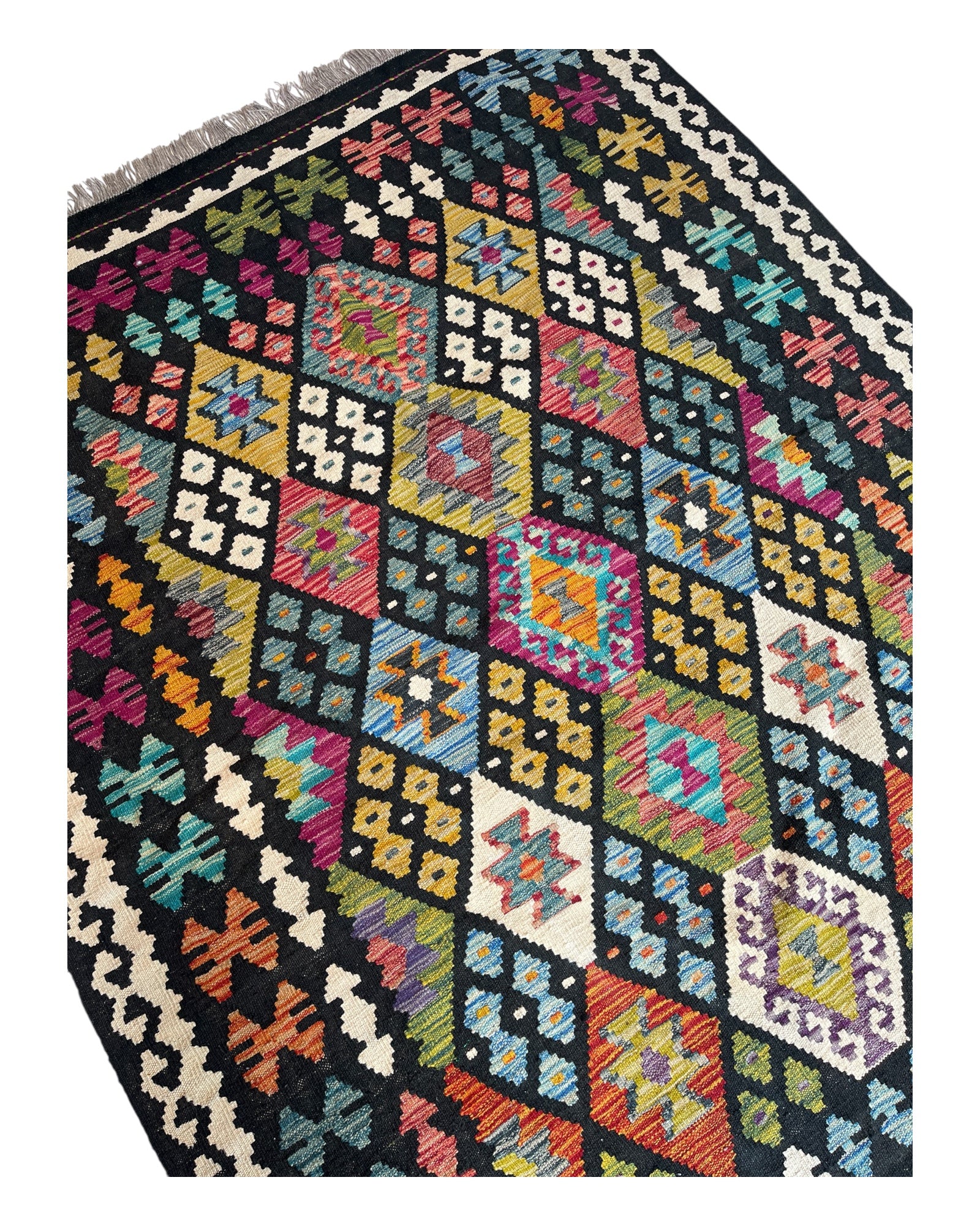 205cm x 155cm Black & Green Maymana Kilim