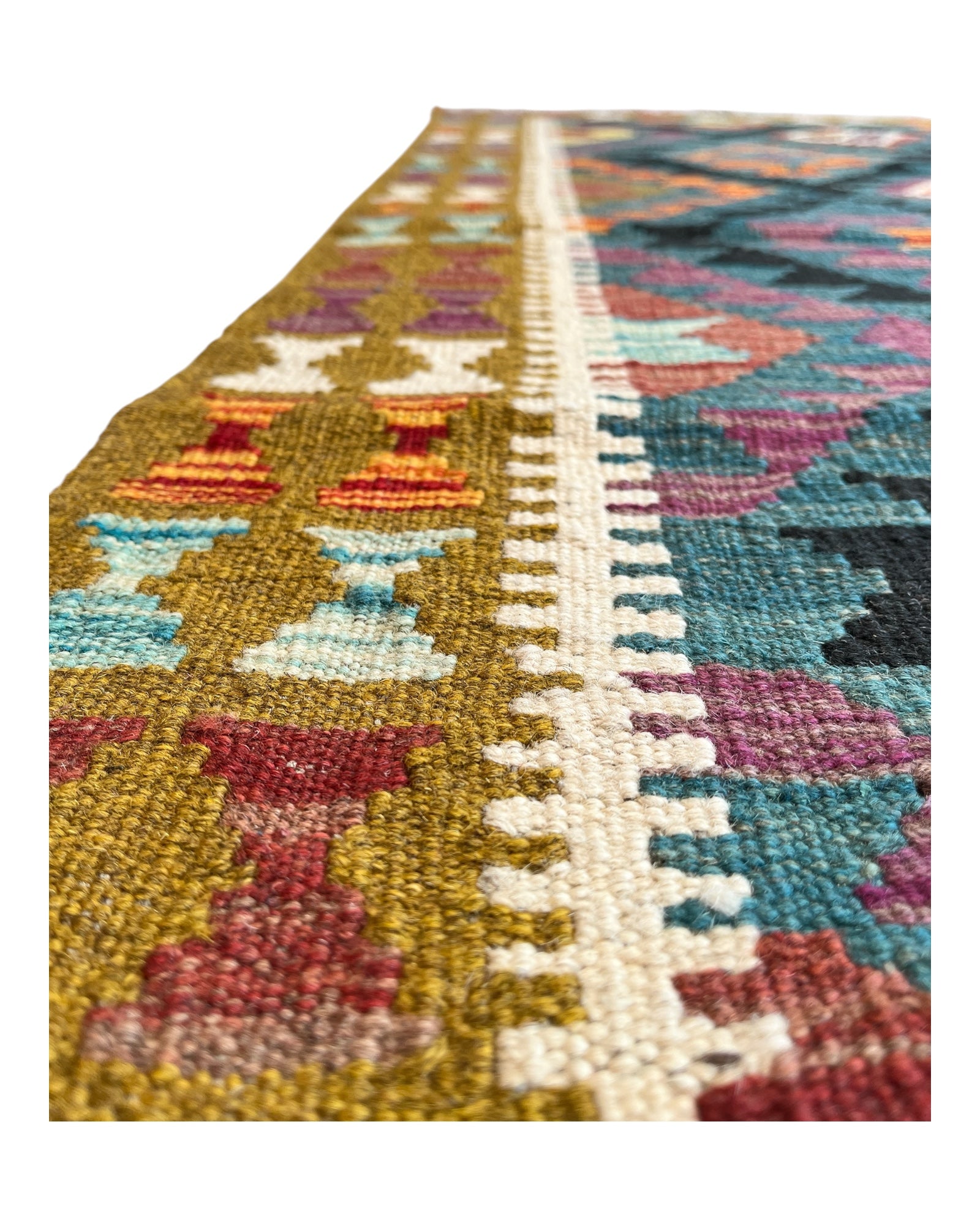 152cm x 100cm Petrol Blue & Ochre Maymana Kilim