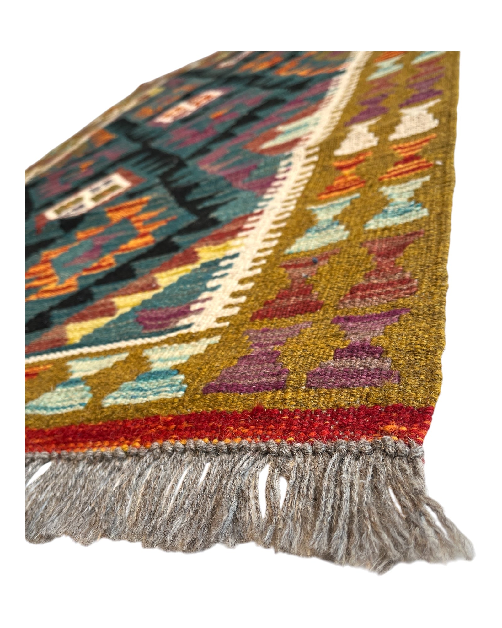 152cm x 100cm Petrol Blue & Ochre Maymana Kilim