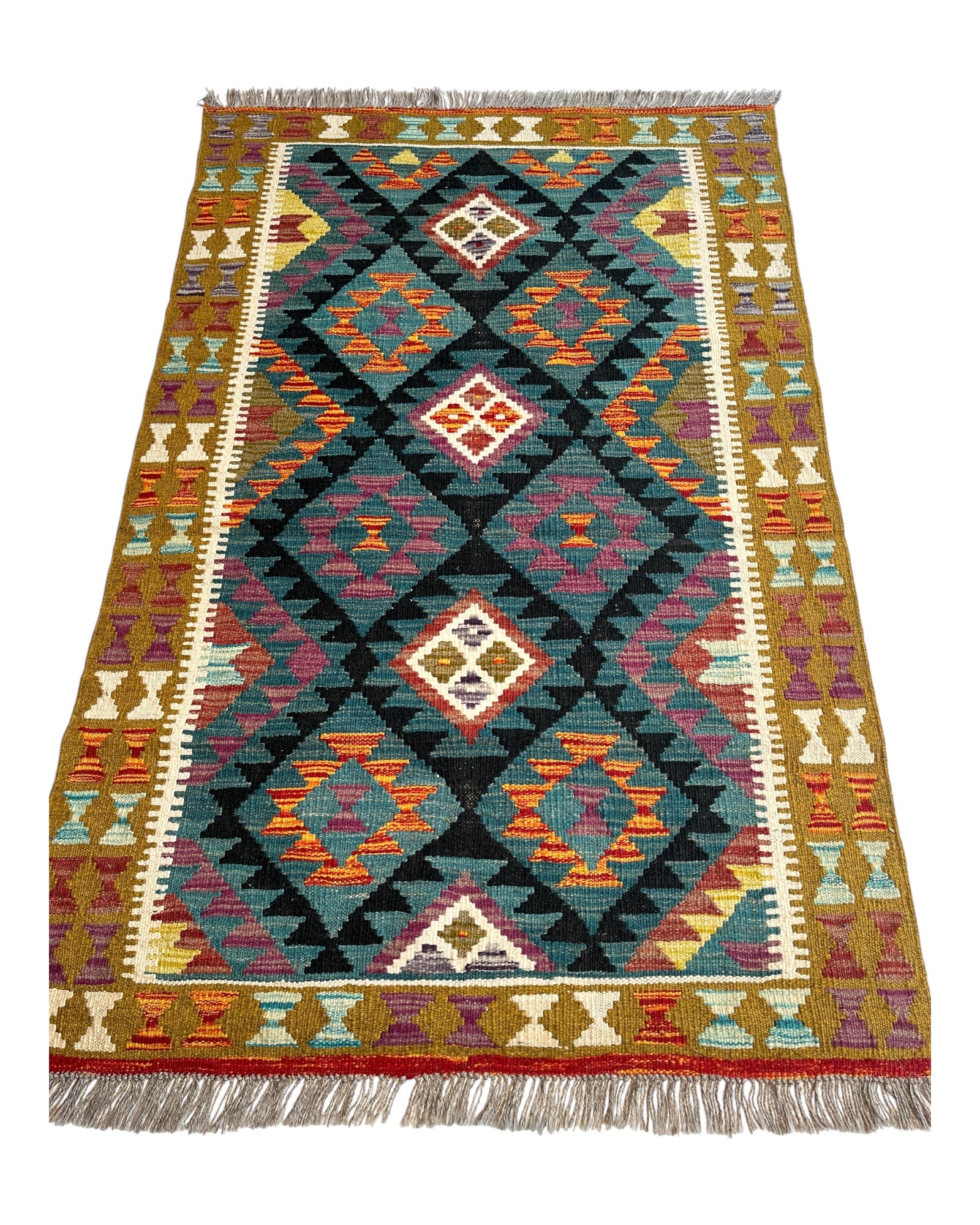 152cm x 100cm Petrol Blue & Ochre Maymana Kilim