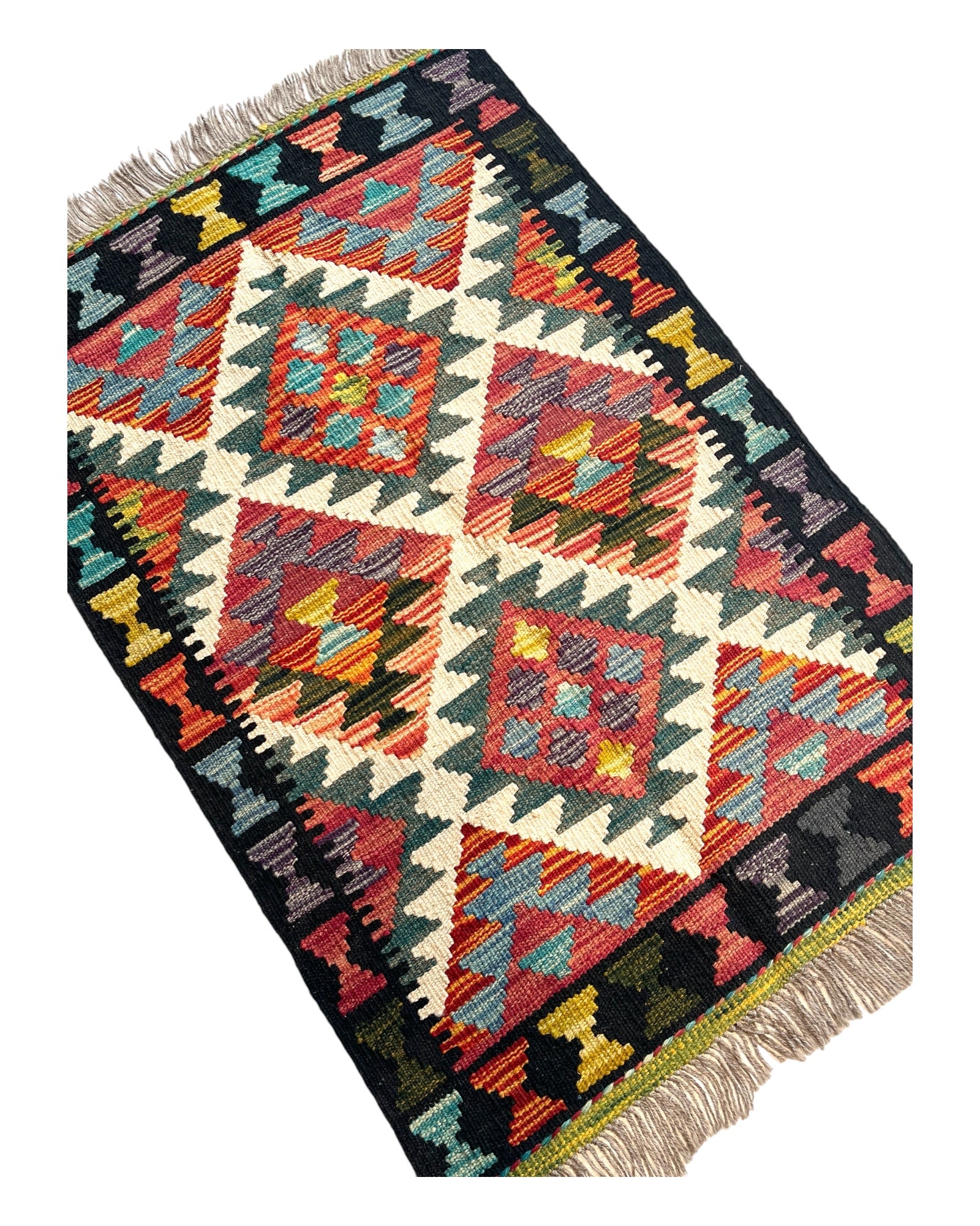 97cm x 65cm Black & Green Maymana Kilim Doormat