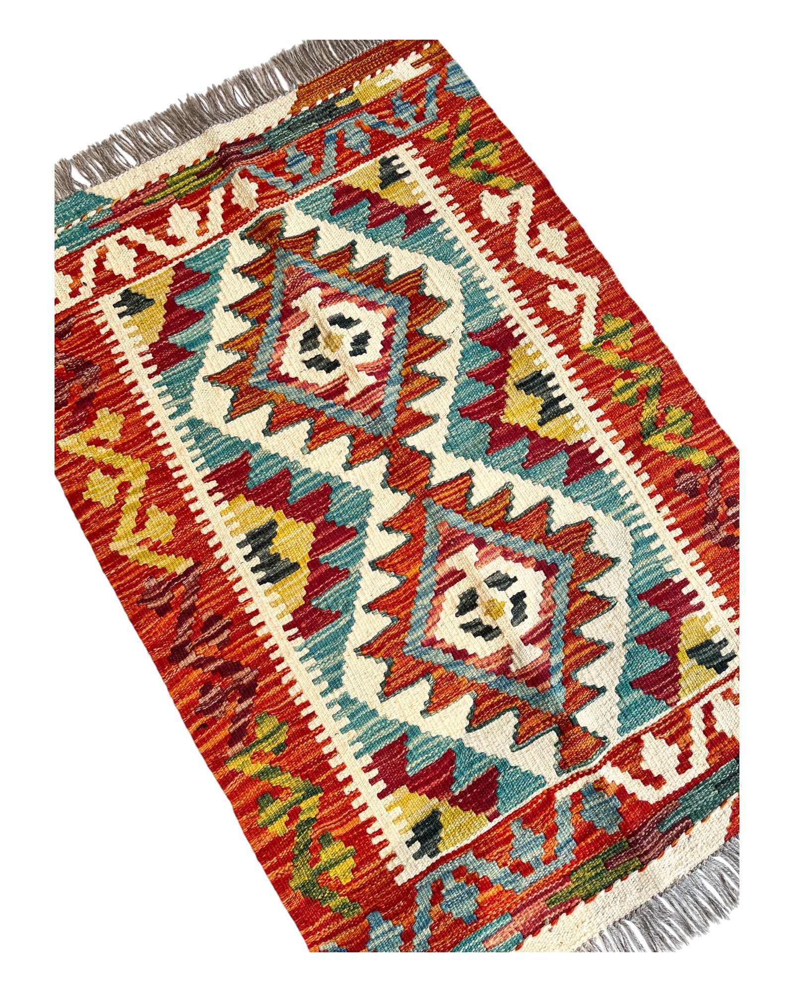 90cm x 60cm Orange & Teal Maymana Kilim Doormat