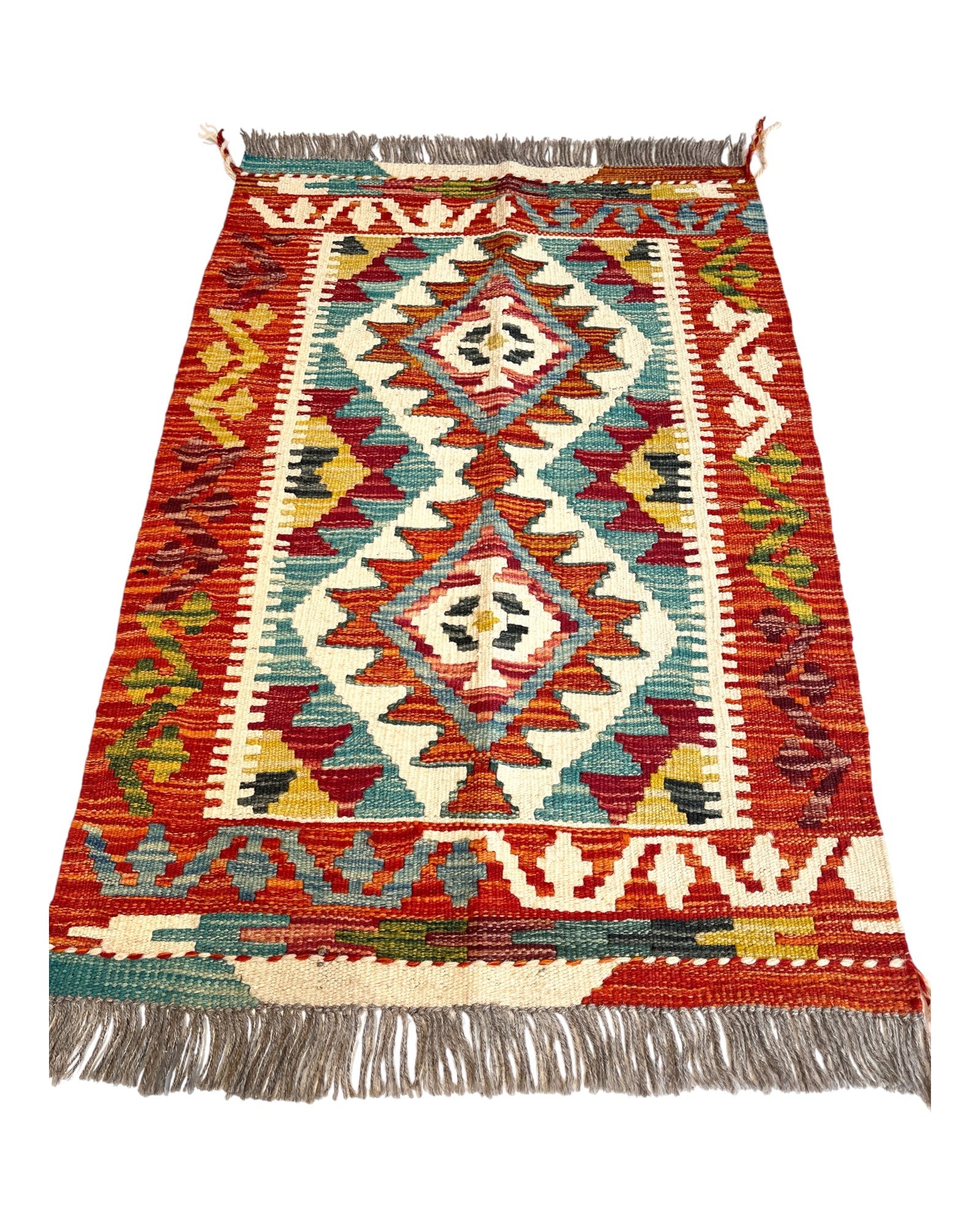 90cm x 60cm Orange & Teal Maymana Kilim Doormat