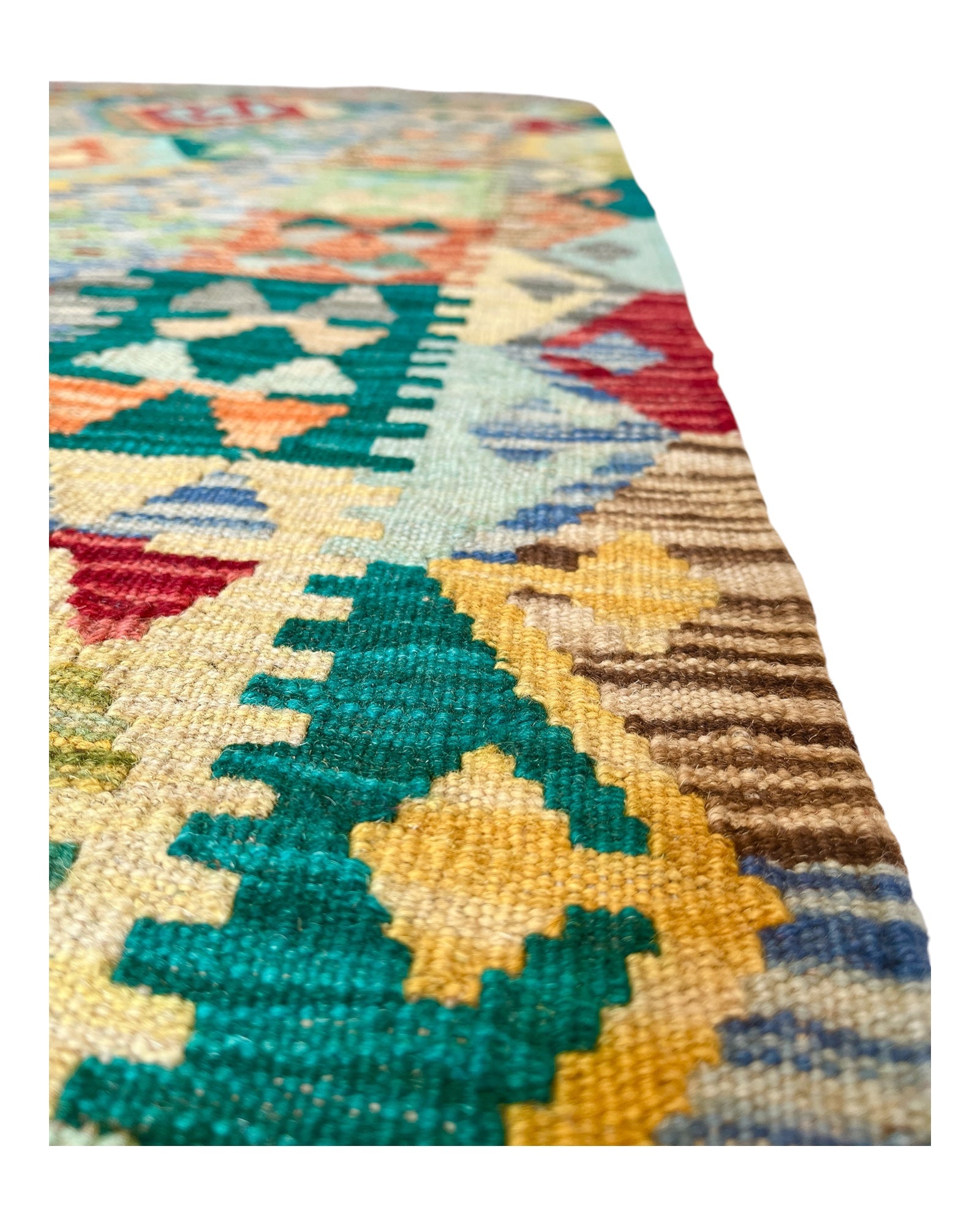 297cm x 90cm Green & Mustard Maymana Kilim Runner