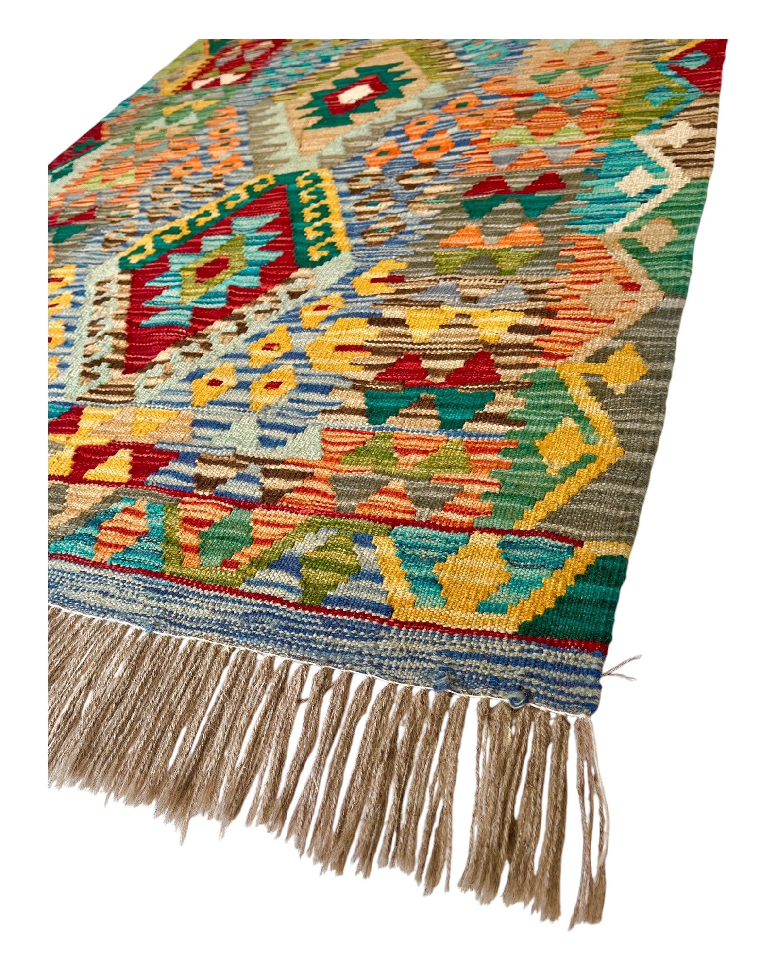 297cm x 90cm Green & Mustard Maymana Kilim Runner