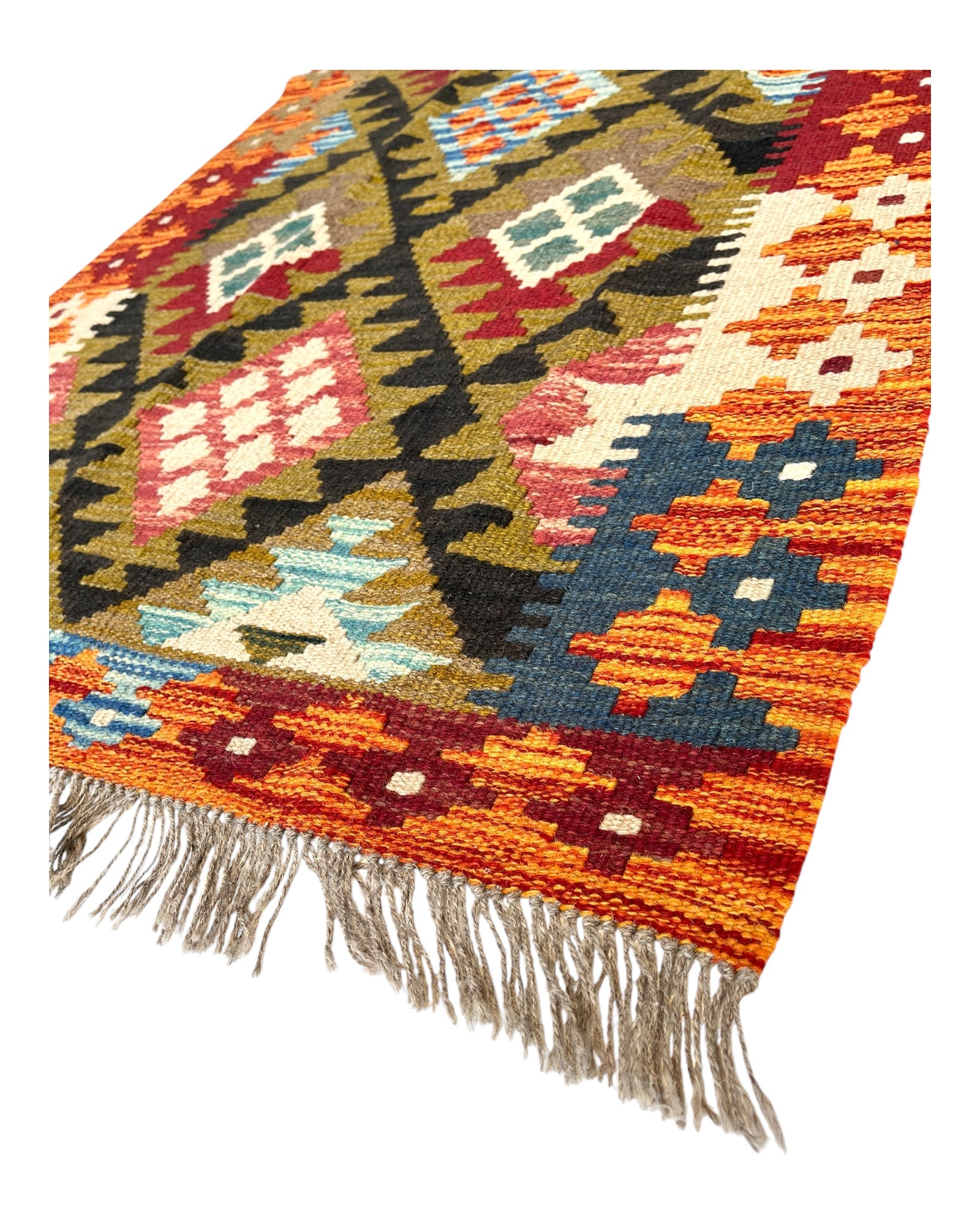 385cm x 82cm Orange & Green Maymana Kilim Runner