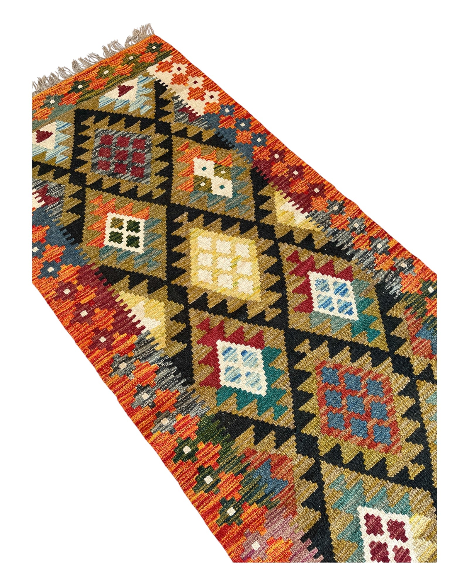 385cm x 82cm Orange & Green Maymana Kilim Runner