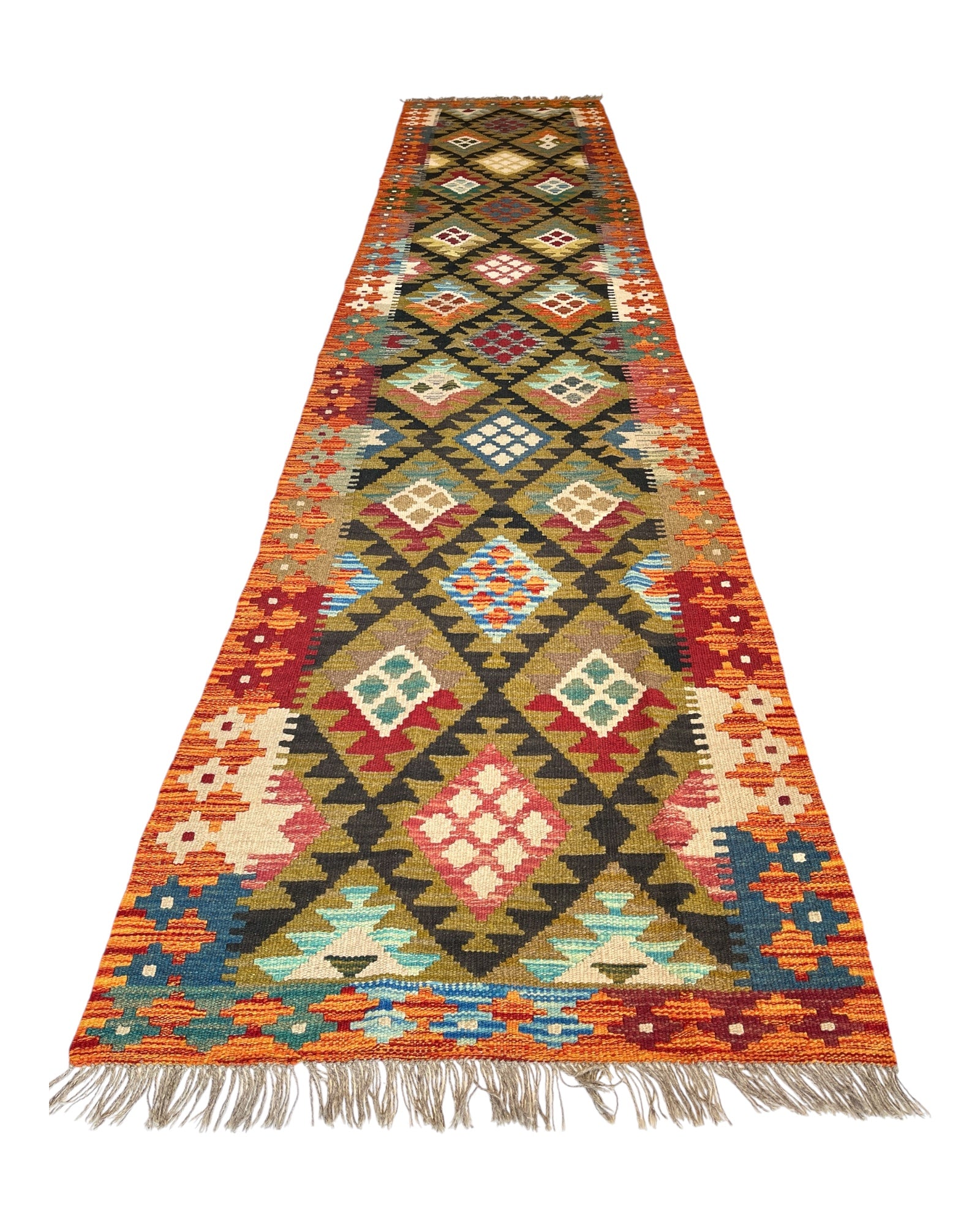 385cm x 82cm Orange & Green Maymana Kilim Runner