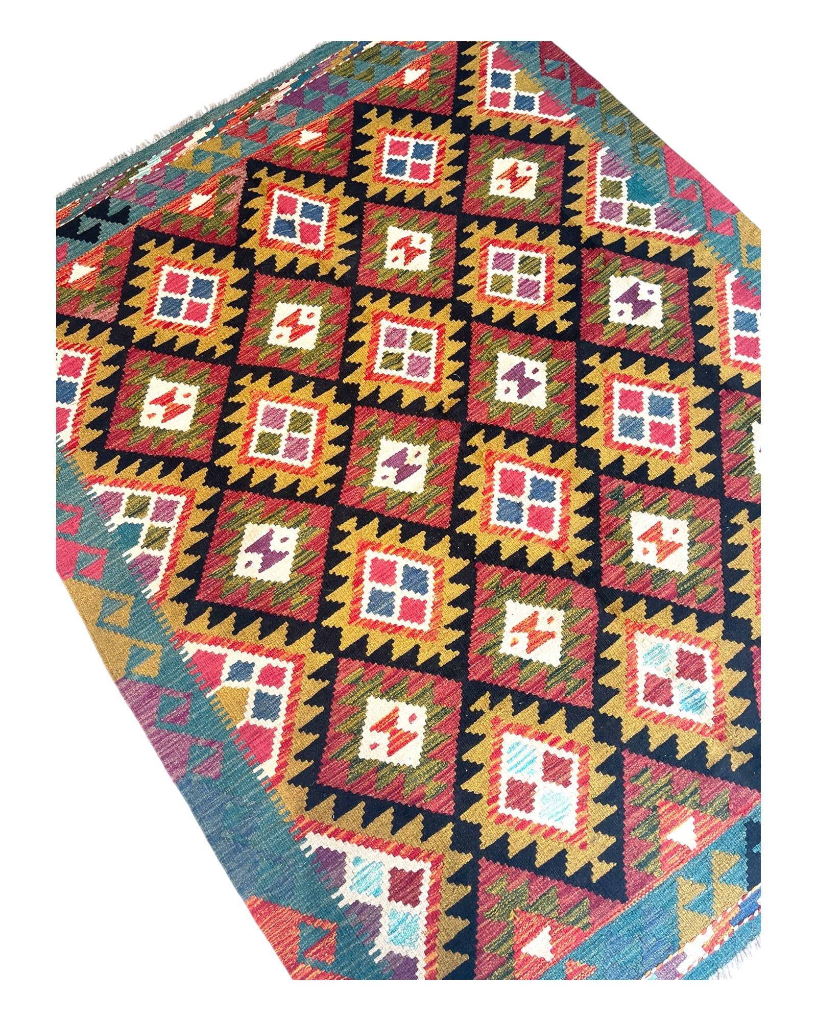 192cm x 152cm Green & Black Maymana Kilim