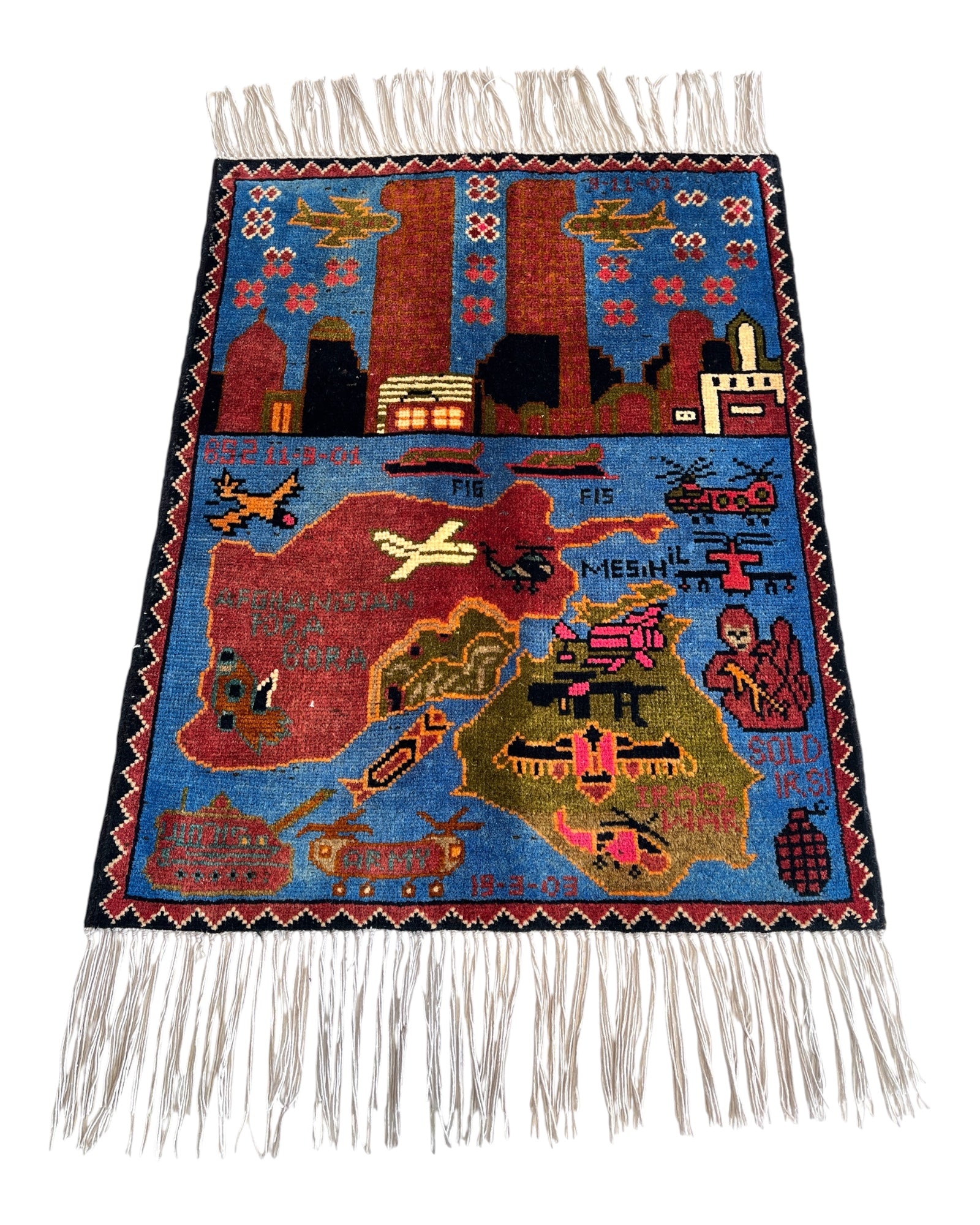 77cm x 60cm Blue & Russet Twin Towers War Rug