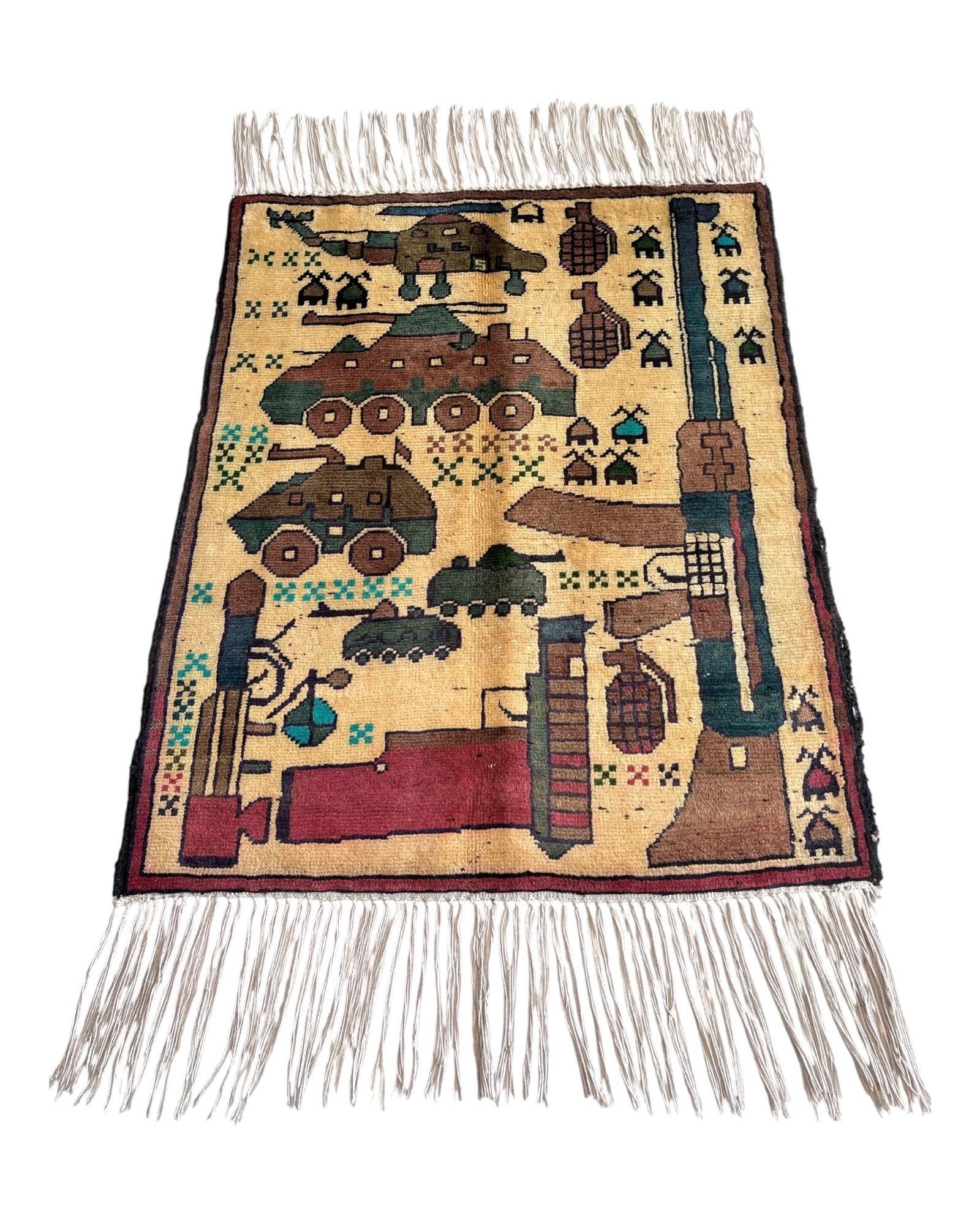 80cm x 64cm Cream, Teal & Khaki War Rug