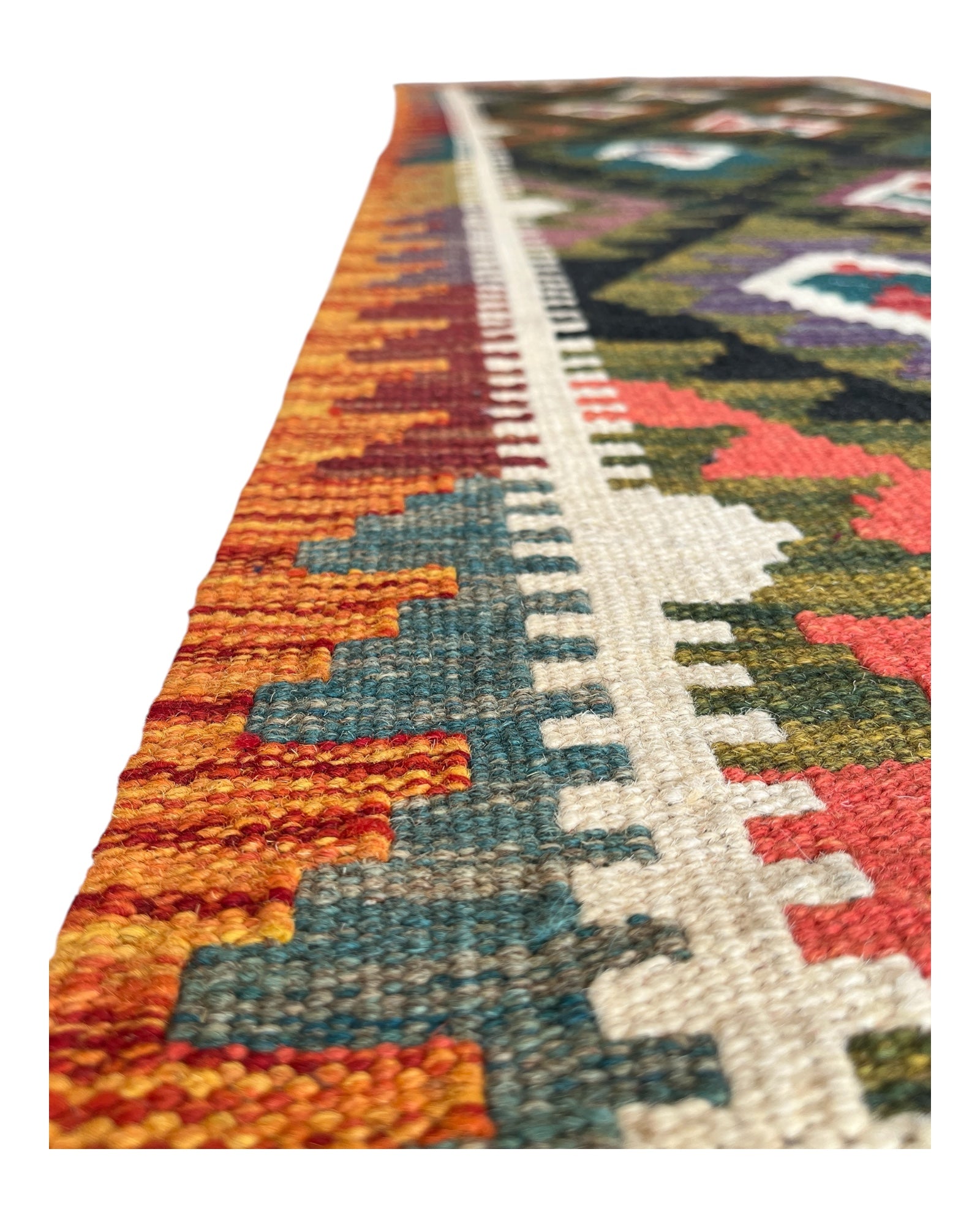 287cm x 80cm Green & Black Maymana Kilim Runner