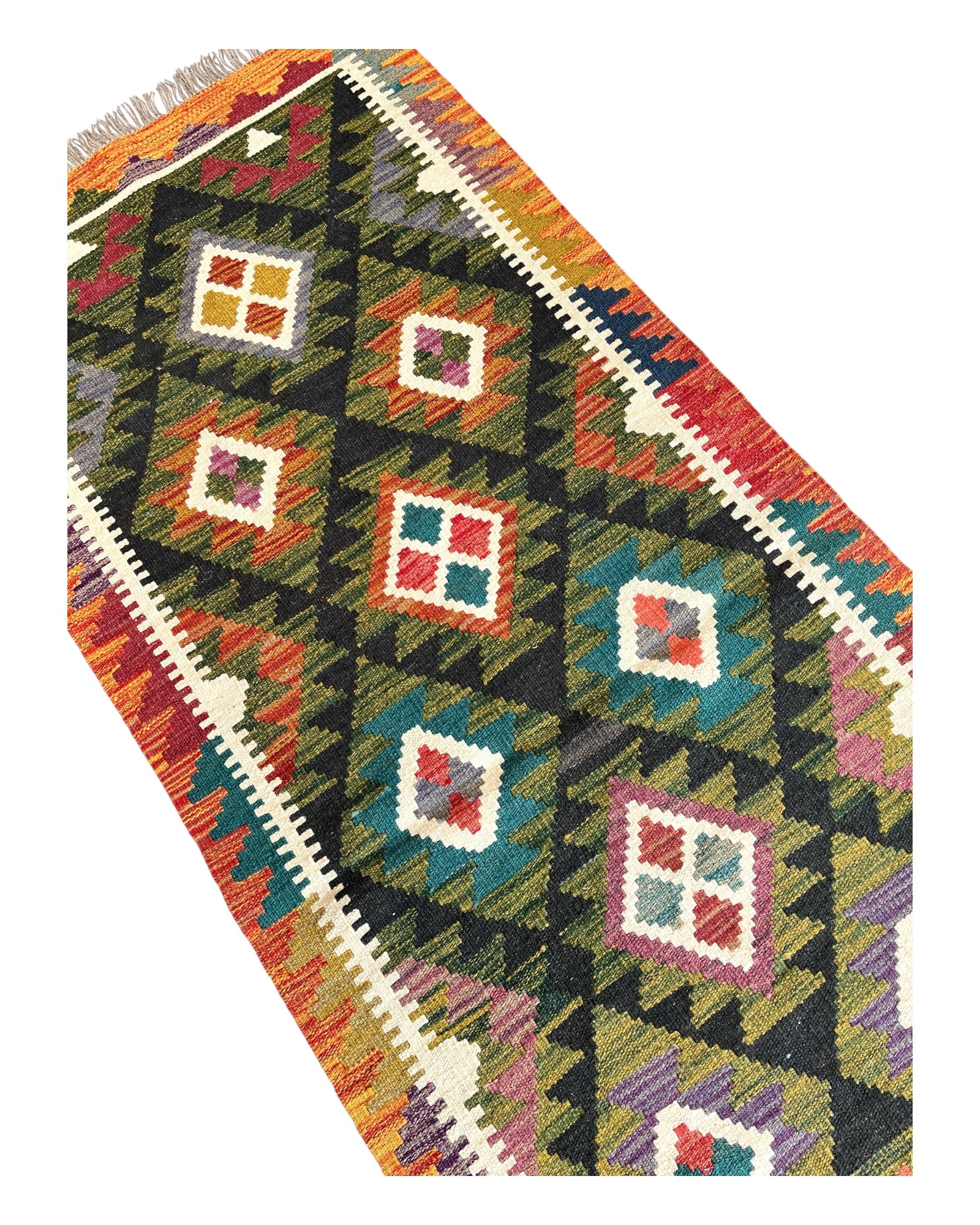 287cm x 80cm Green & Black Maymana Kilim Runner