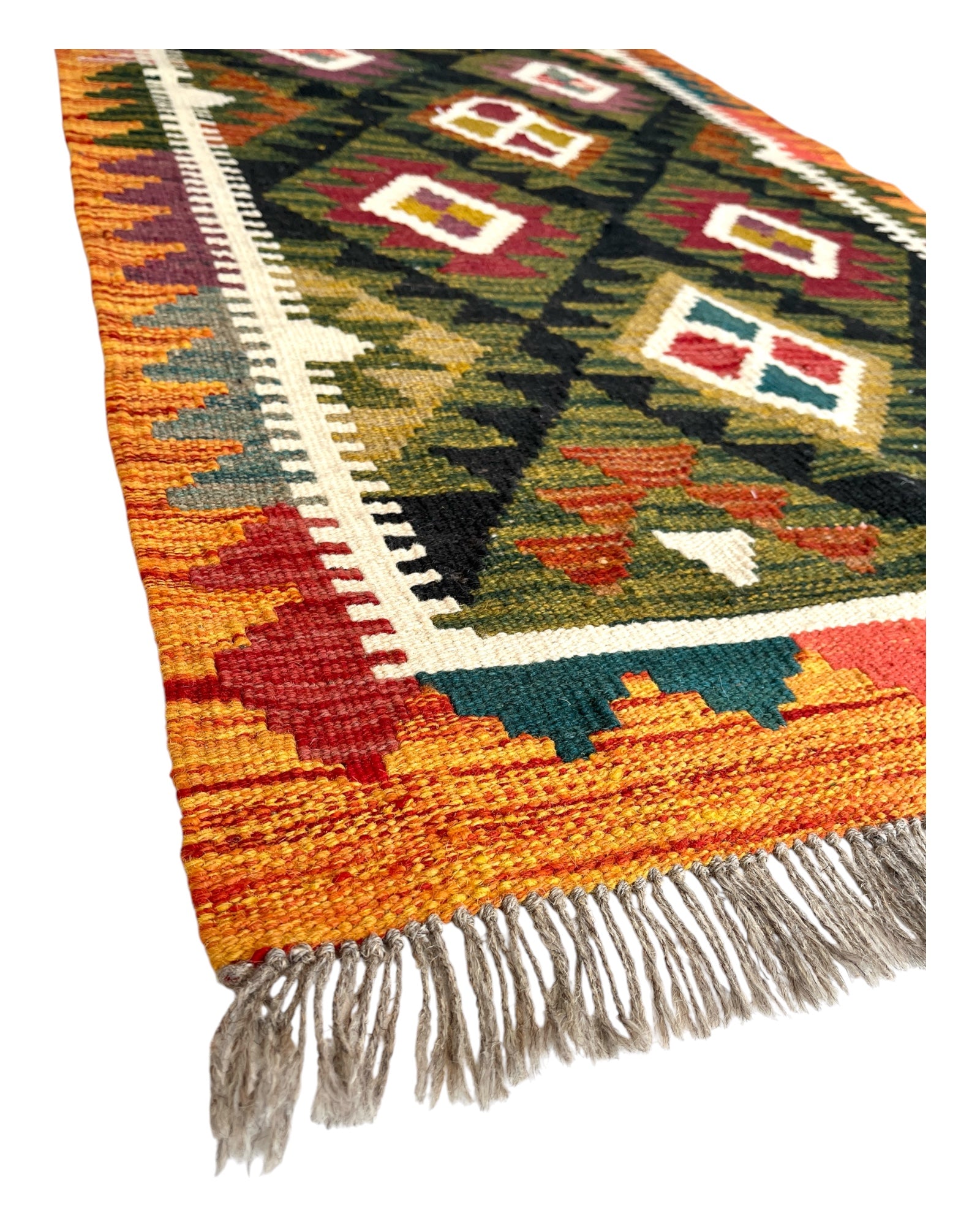287cm x 80cm Green & Black Maymana Kilim Runner