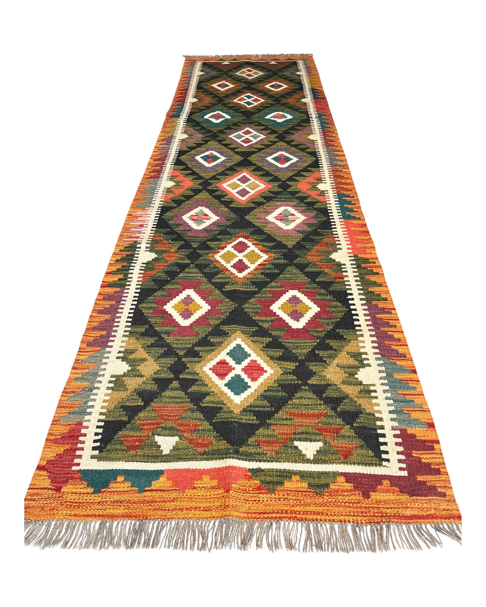 287cm x 80cm Green & Black Maymana Kilim Runner