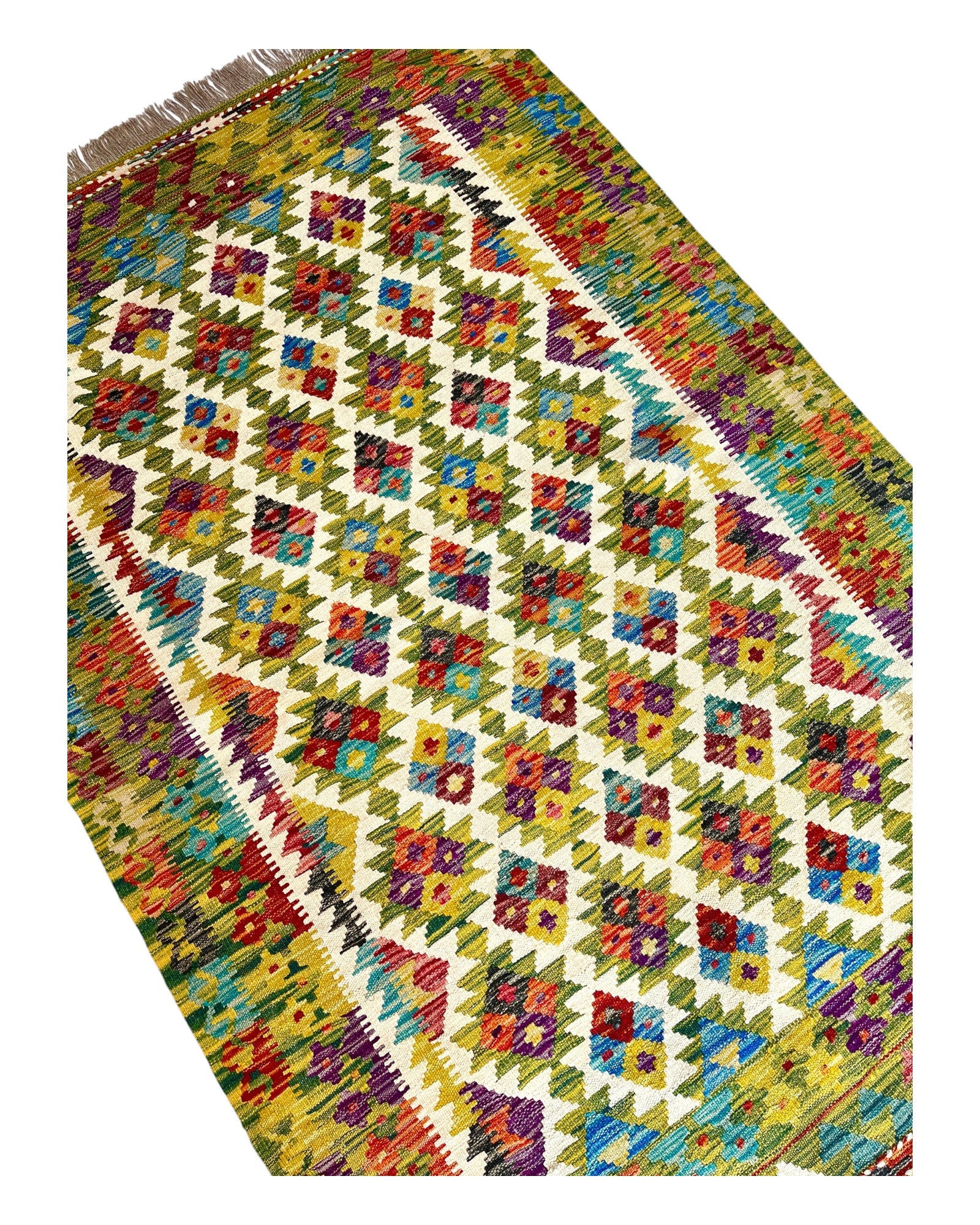 189cm x 126cm Green & Cream Maymana Kilim