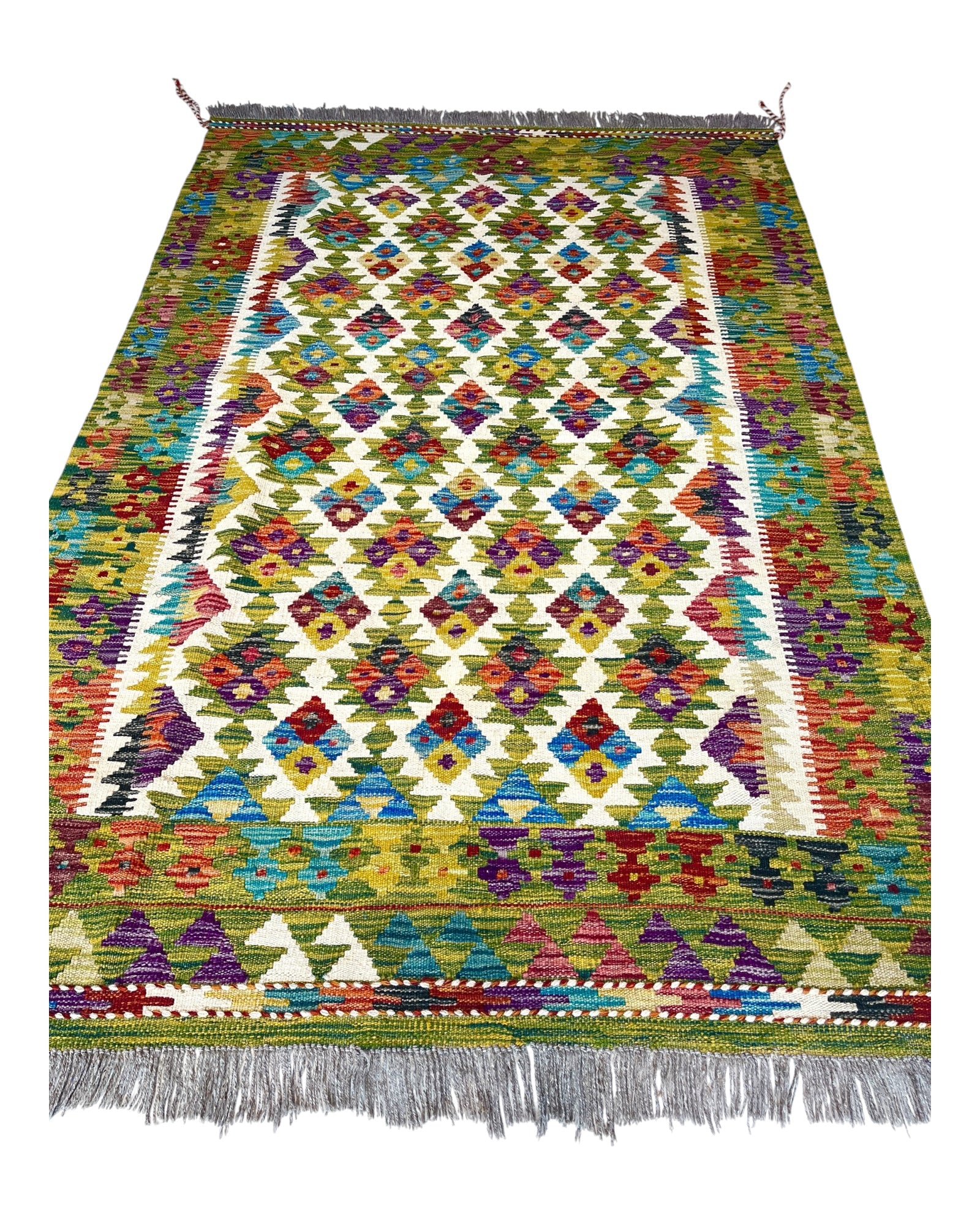 189cm x 126cm Green & Cream Maymana Kilim