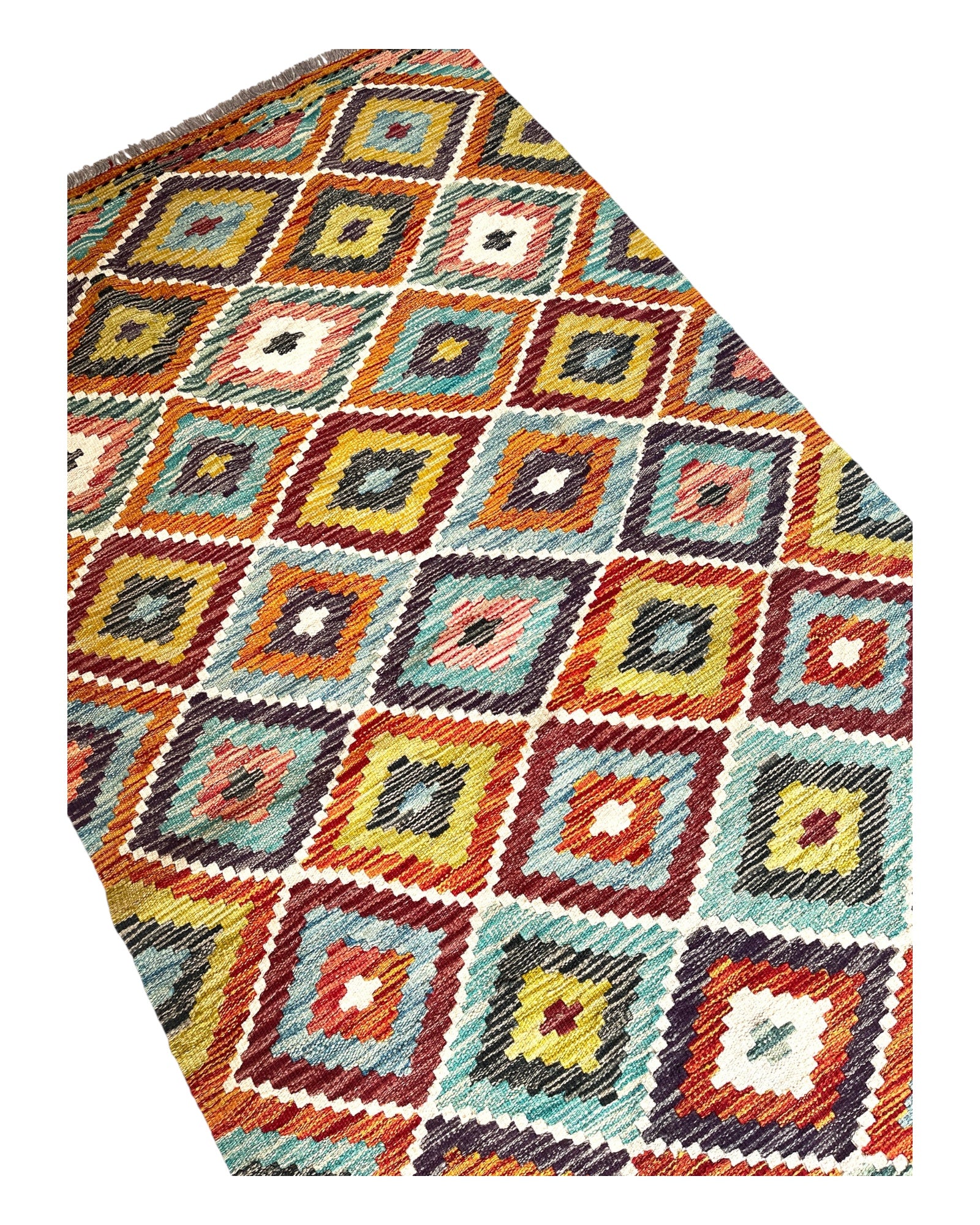 194cm x 104cm Turquoise & Orange Maymana Kilim