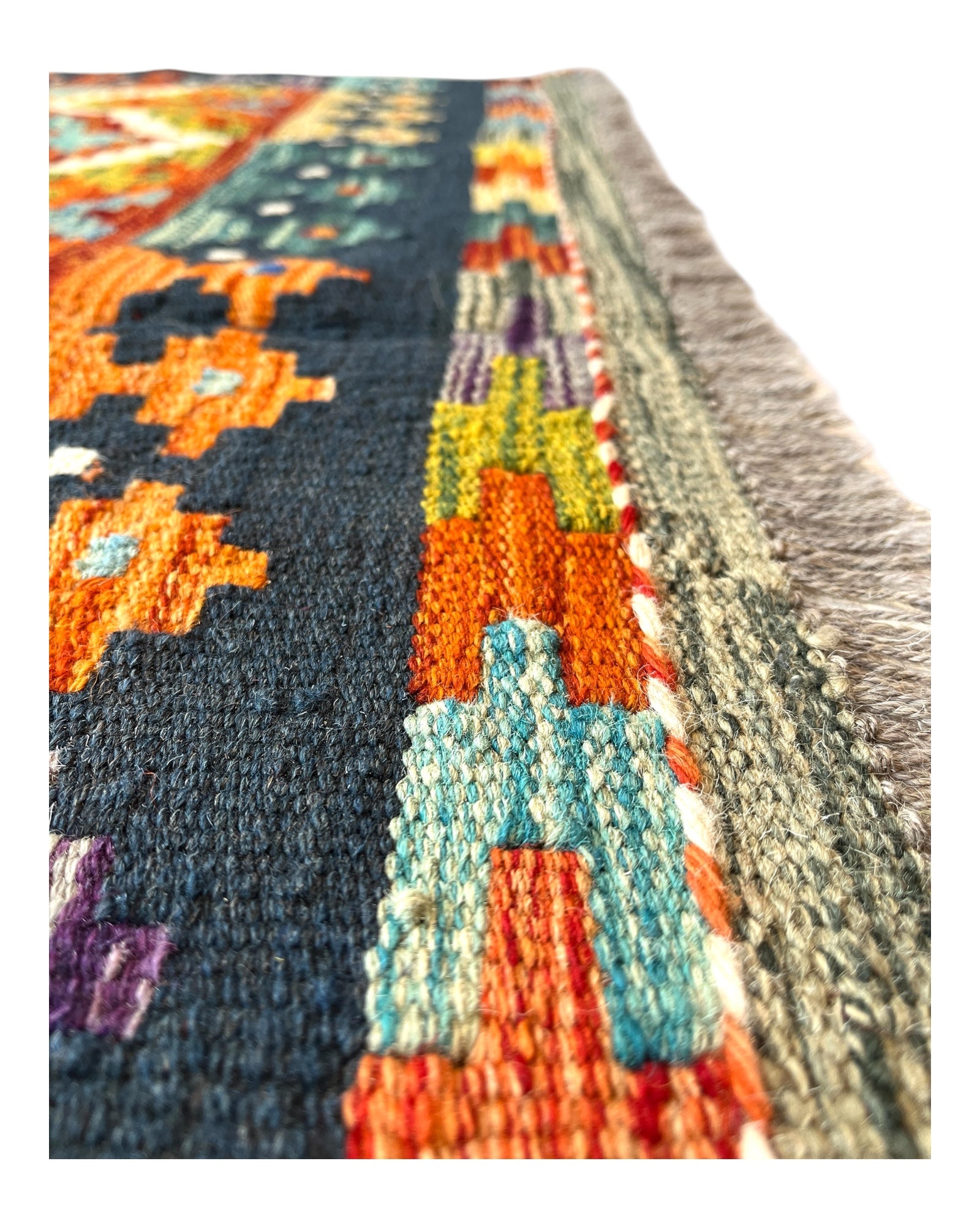 196cm x 110cm Orange & Navy Maymana Kilim