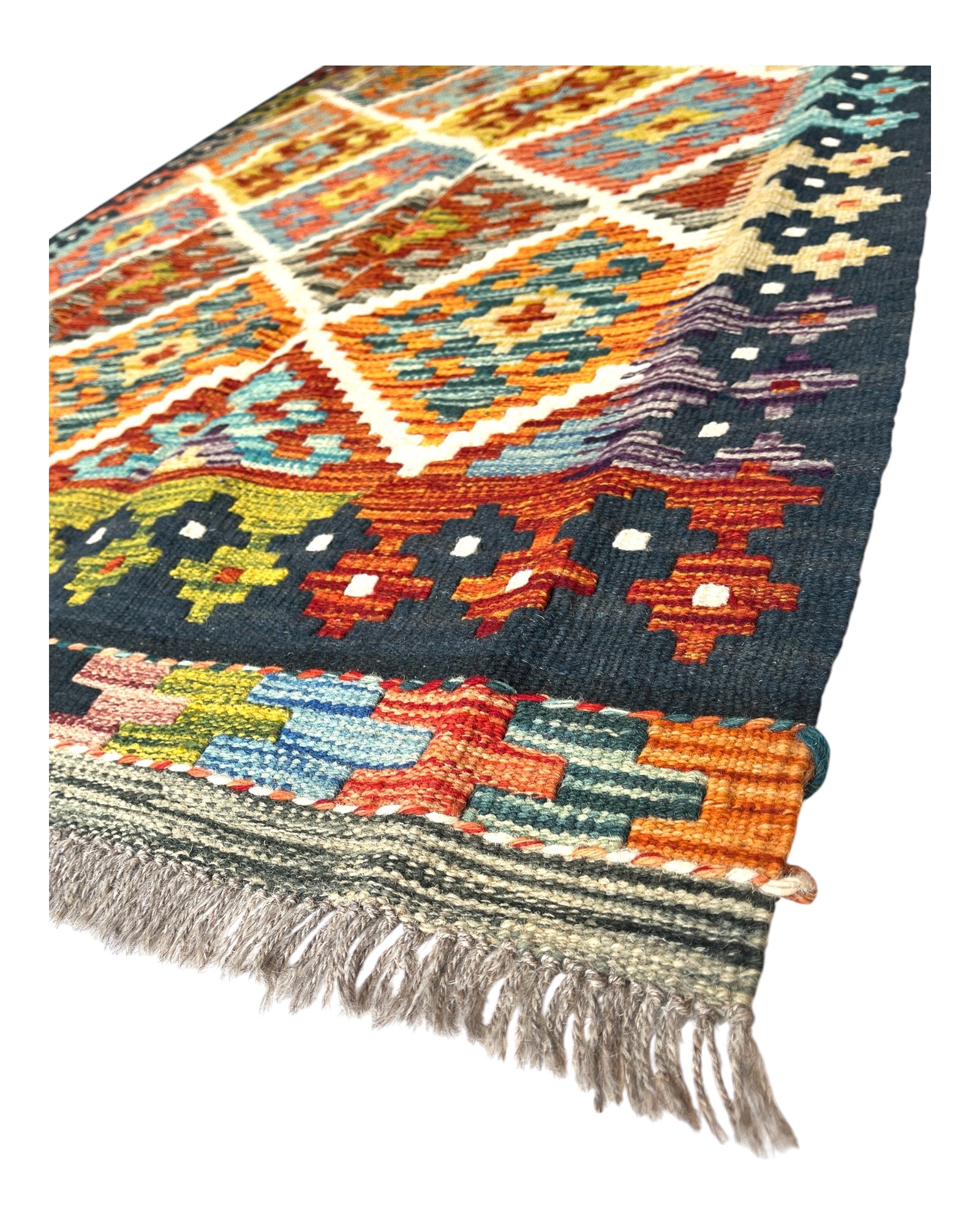 196cm x 110cm Orange & Navy Maymana Kilim