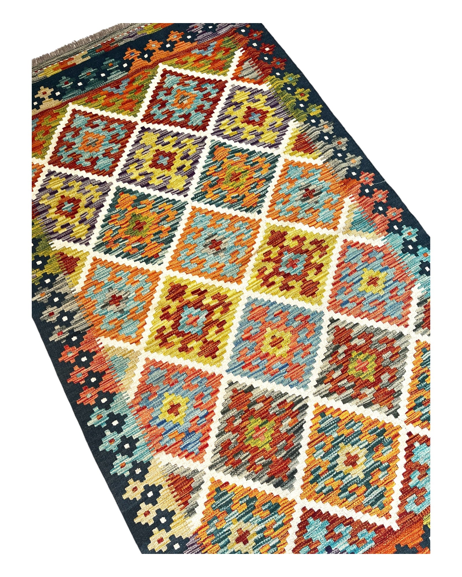 196cm x 110cm Orange & Navy Maymana Kilim