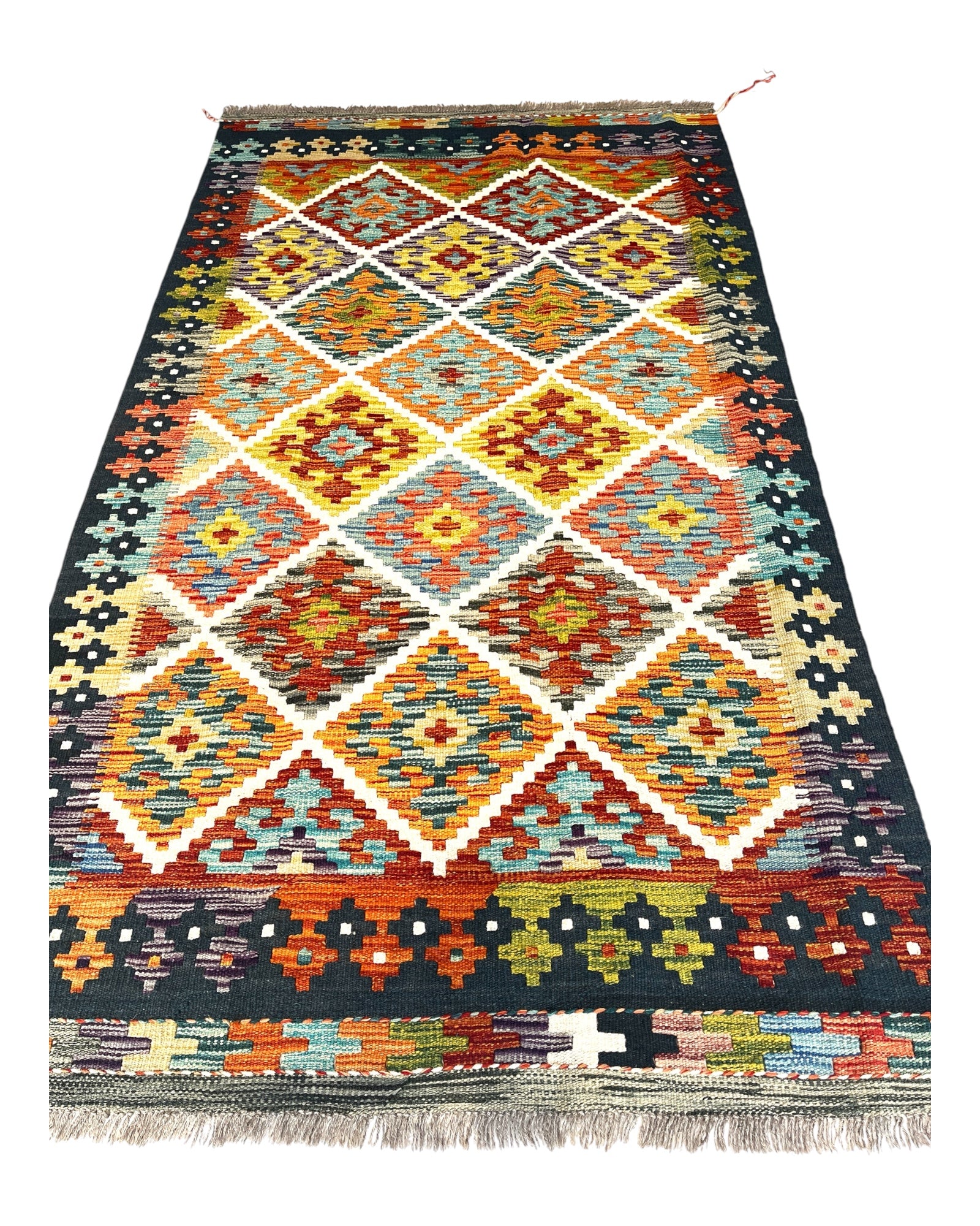 196cm x 110cm Orange & Navy Maymana Kilim
