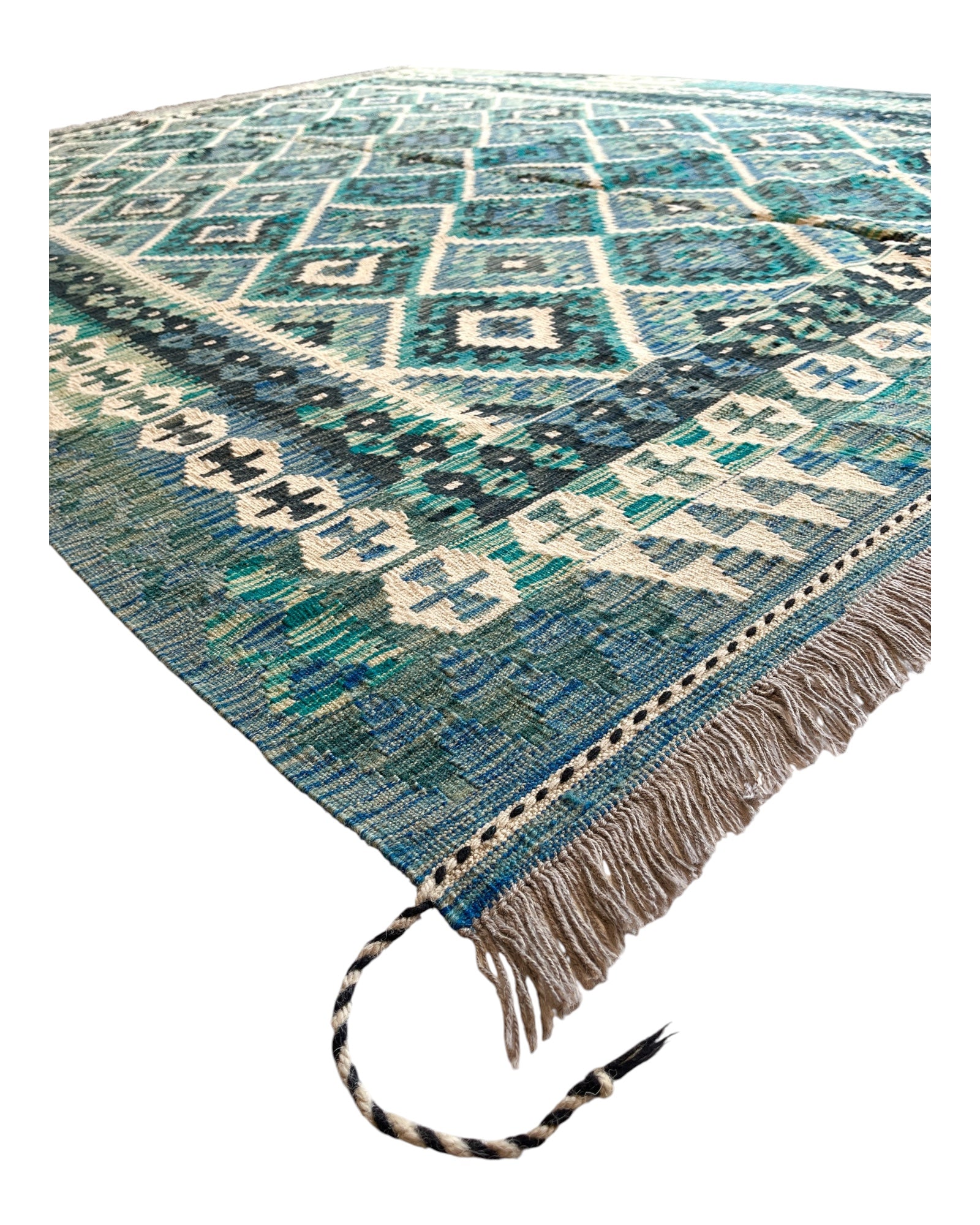 290cm x 210cm Turquoise & Cream Maymana Kilim