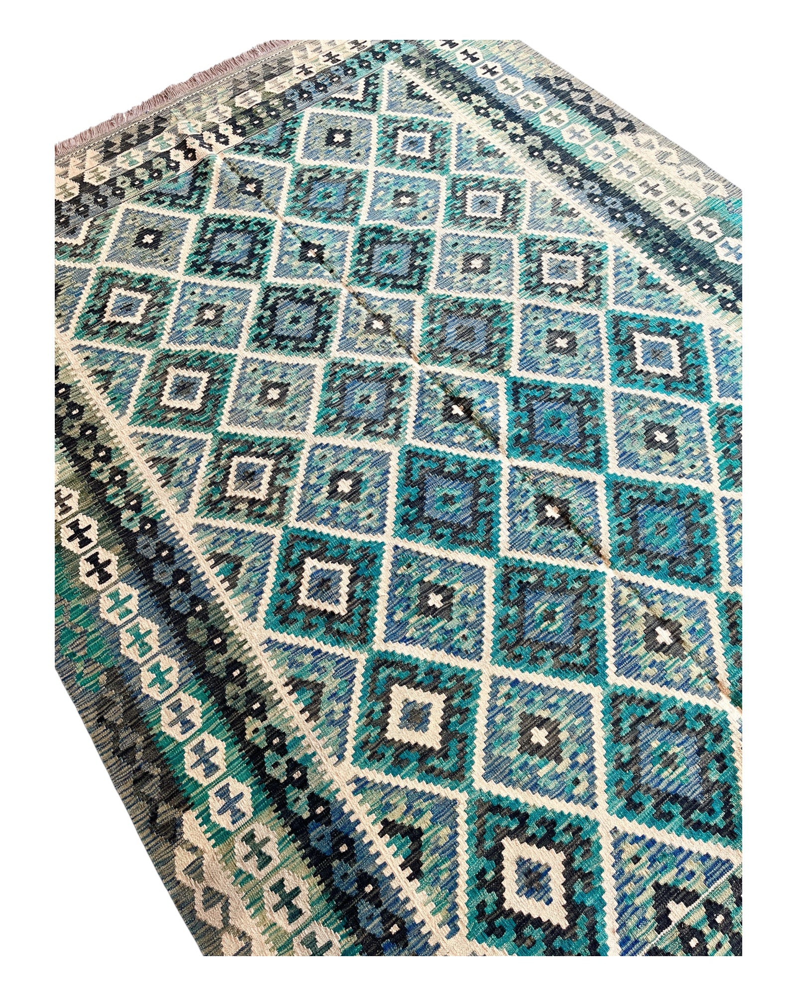 290cm x 210cm Turquoise & Cream Maymana Kilim