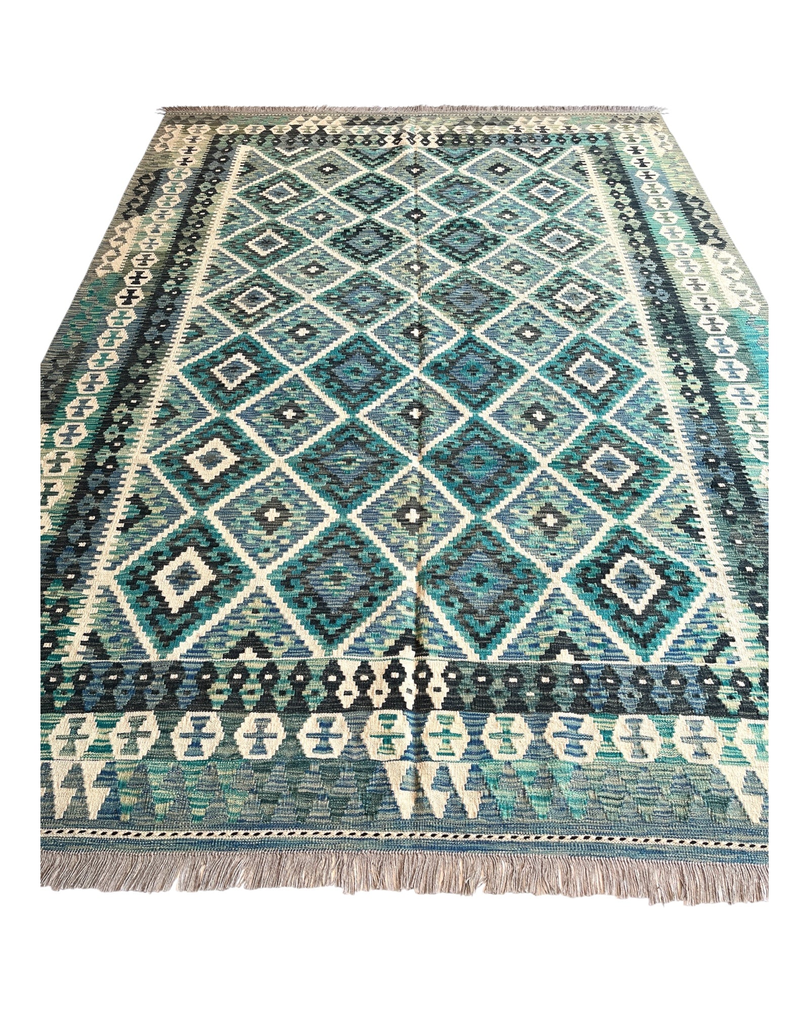 290cm x 210cm Turquoise & Cream Maymana Kilim