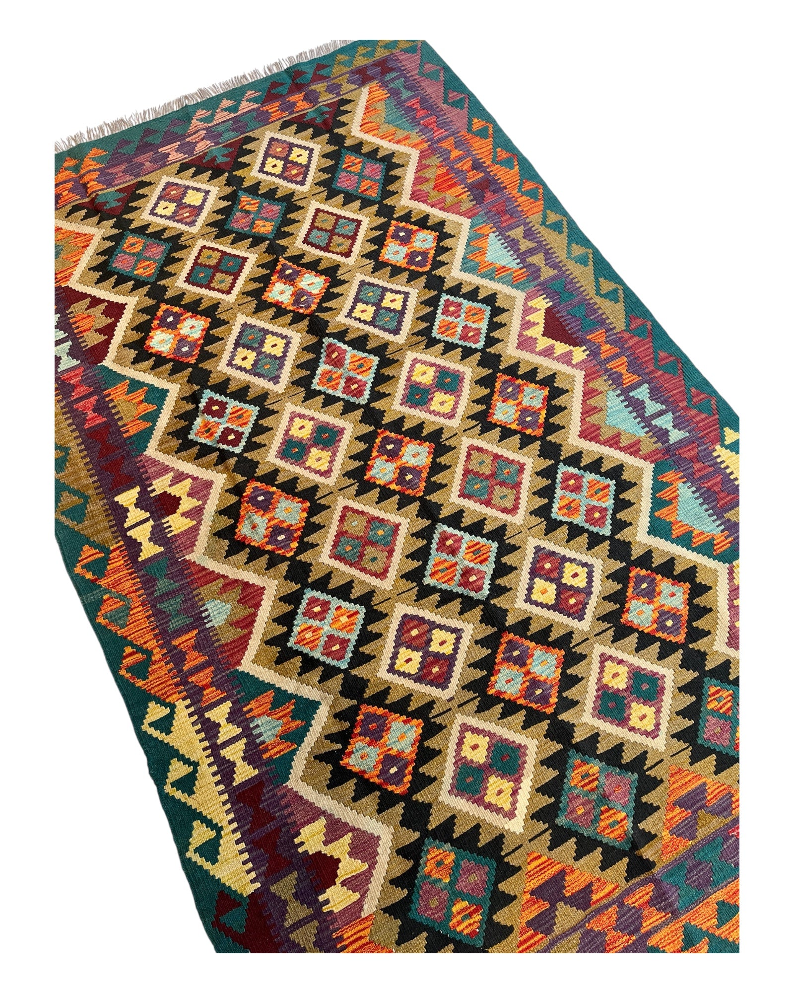 247cm x 158cm Teal & Orange Maymana Kilim