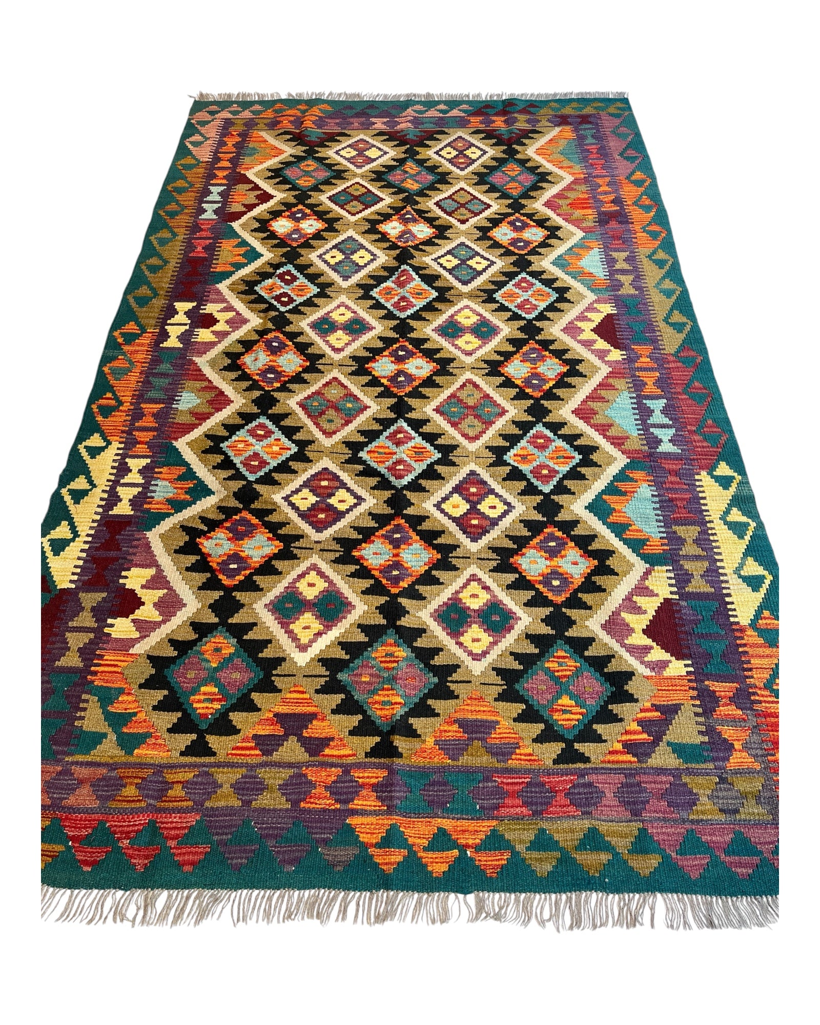 247cm x 158cm Teal & Orange Maymana Kilim