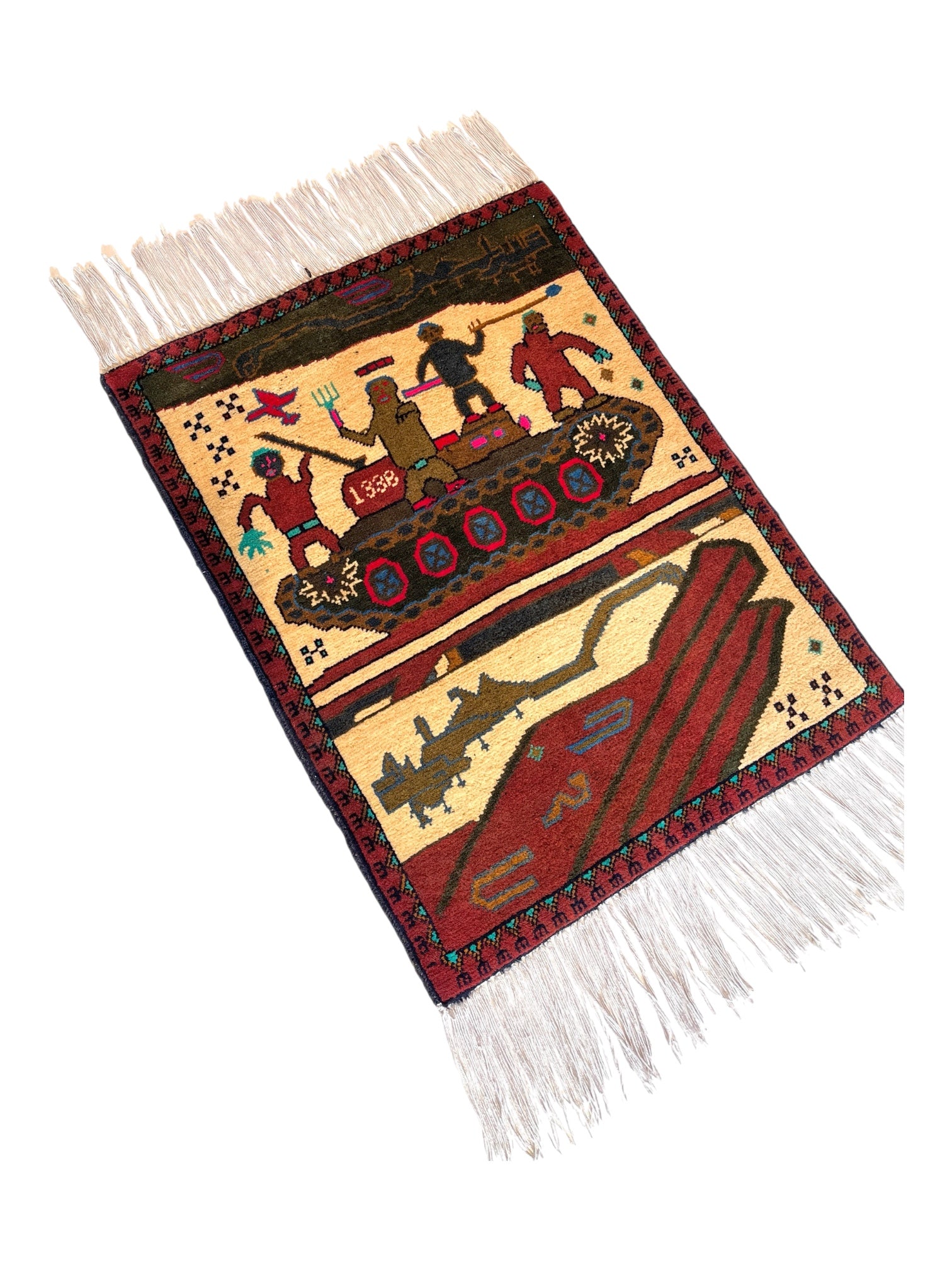 76cm x 60cm Khaki & Burgundy Tank War Rug