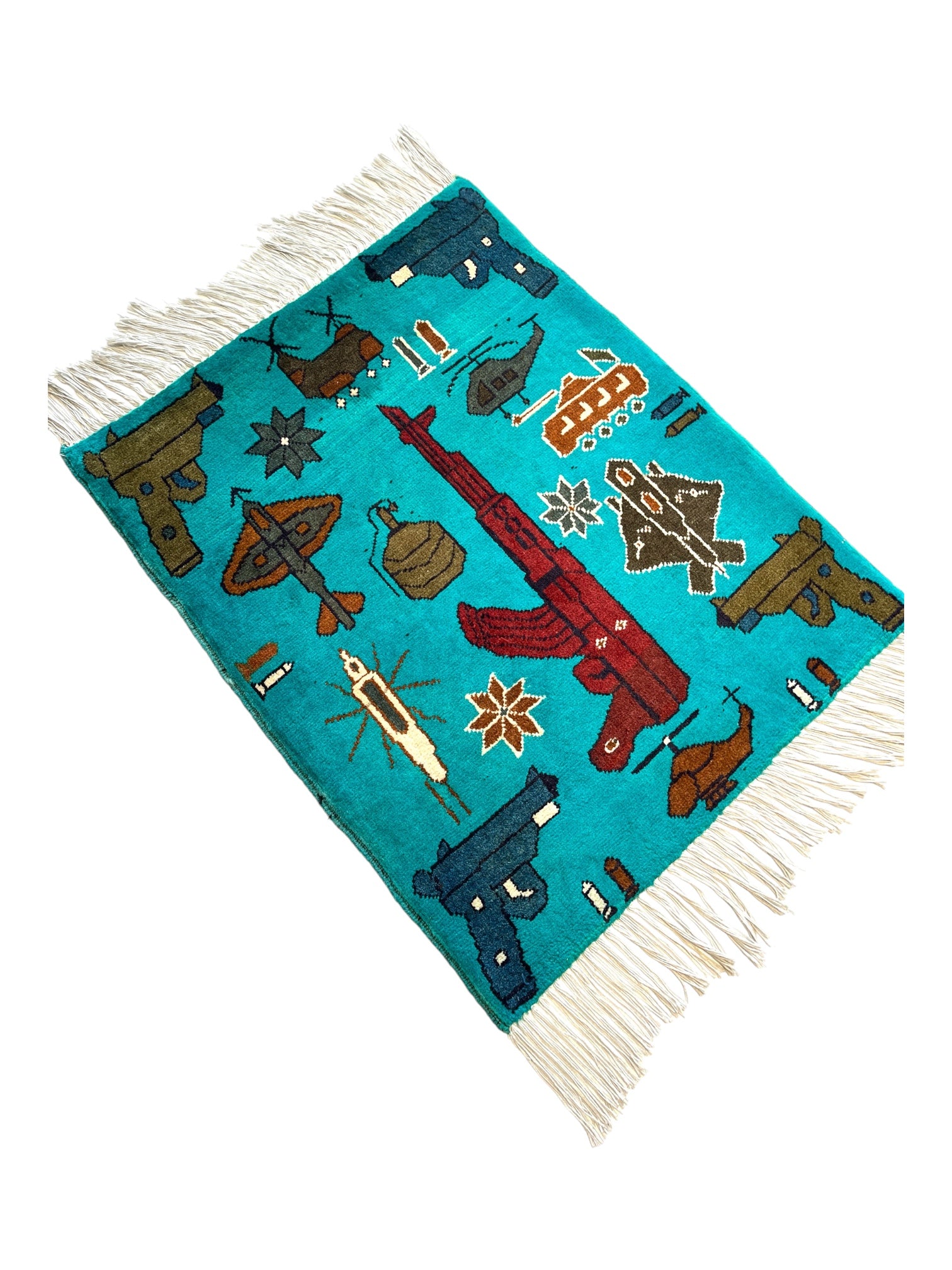77cm x 64cm Teal & Burgundy Weapons War Rug