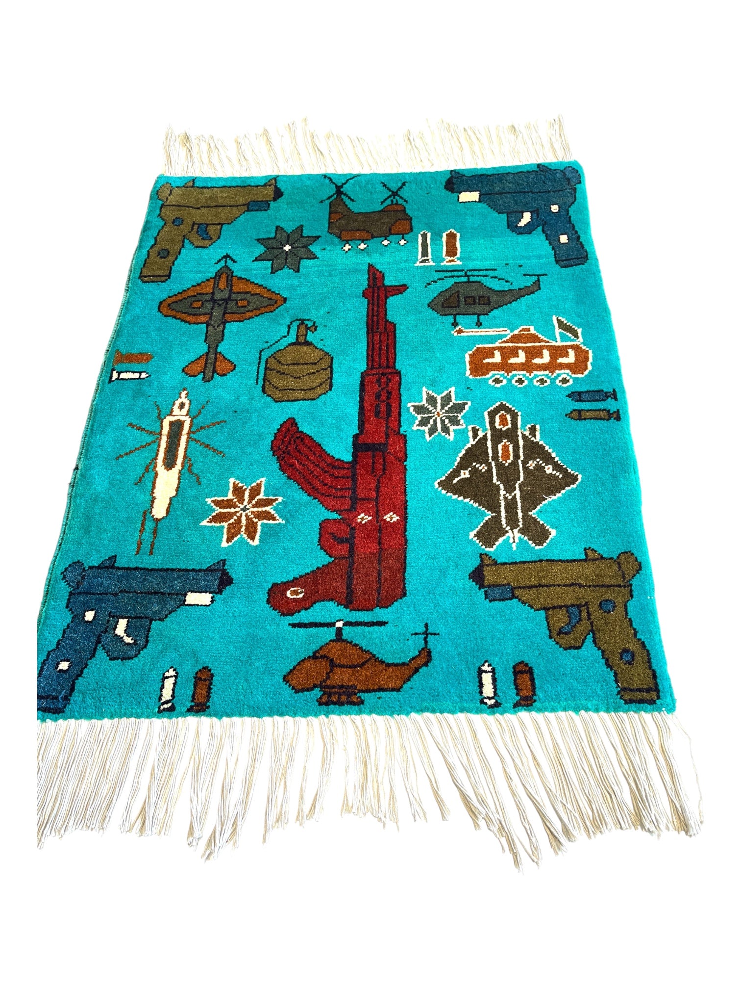 77cm x 64cm Teal & Burgundy Weapons War Rug